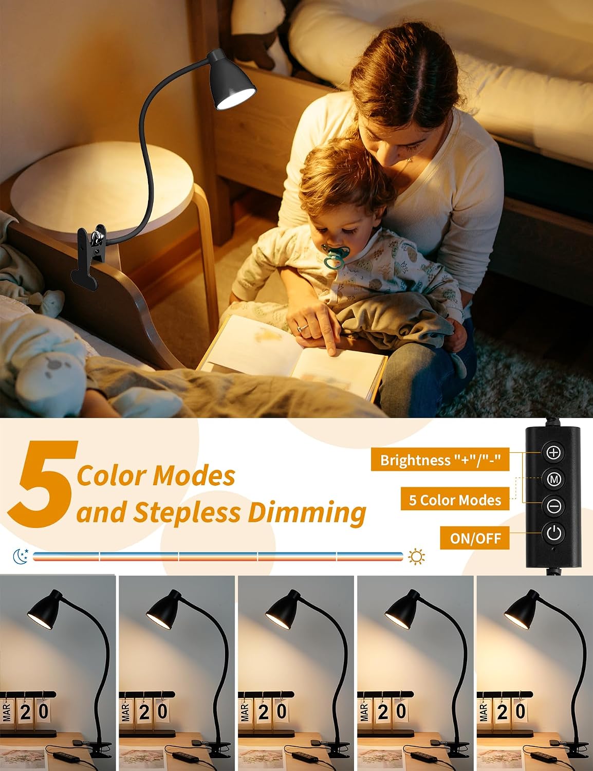 BOHON Desk Lamp 5 Color Modes 10 Brightness Dimmer Reading Light Black | 10W 38 LED Clamp Lamp with Auto Off Timer 360°
