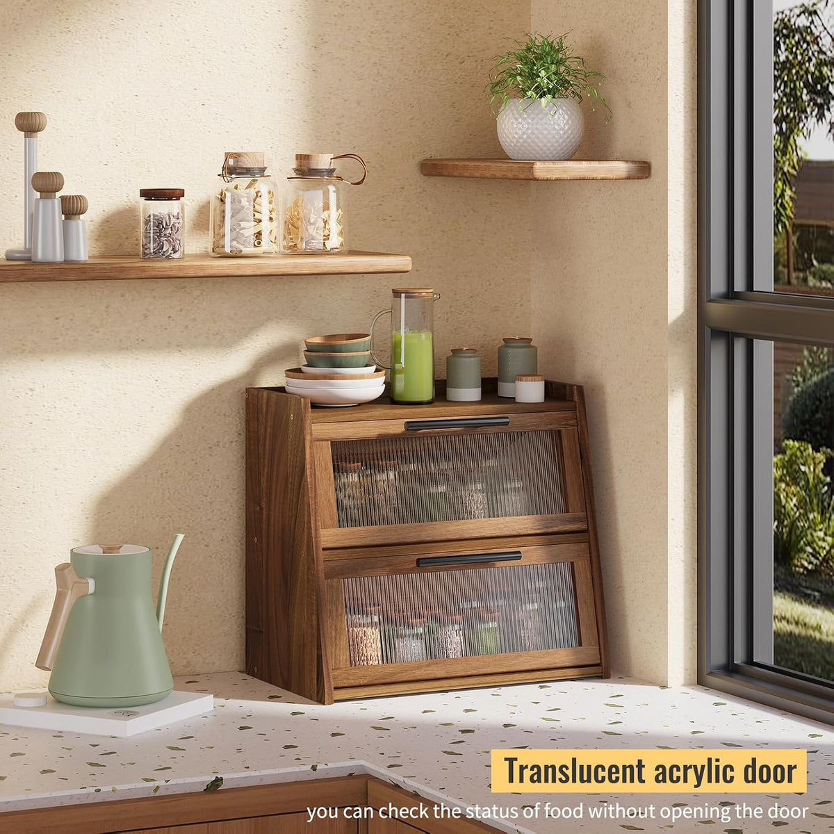 Bread Box for Kitchen Counter,Wooden Double Layer Countertop Bread Storage | Bread Holder Container Bin with Window for