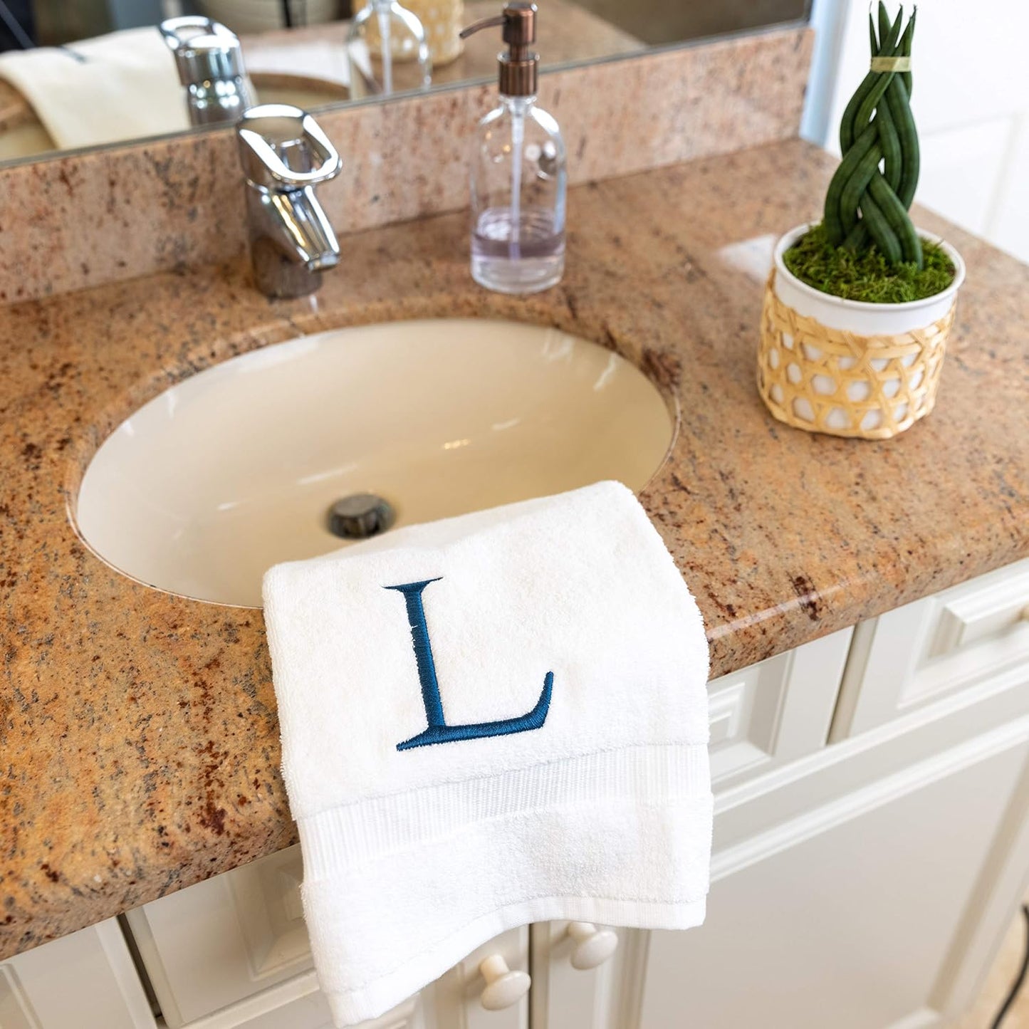 White with Navy Monogrammed Hand Towels for Bathroom - Set of 2 Letter L | Luxury Hotel Quality Initial Towels For
