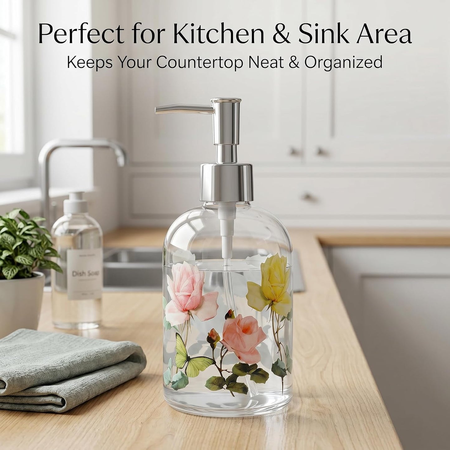 Topadorn 2 Pack Hand and Dish Soap Dispenser Set, Coordinated Floral | 17oz Glass Soap Dispensers with Pump, Refillable