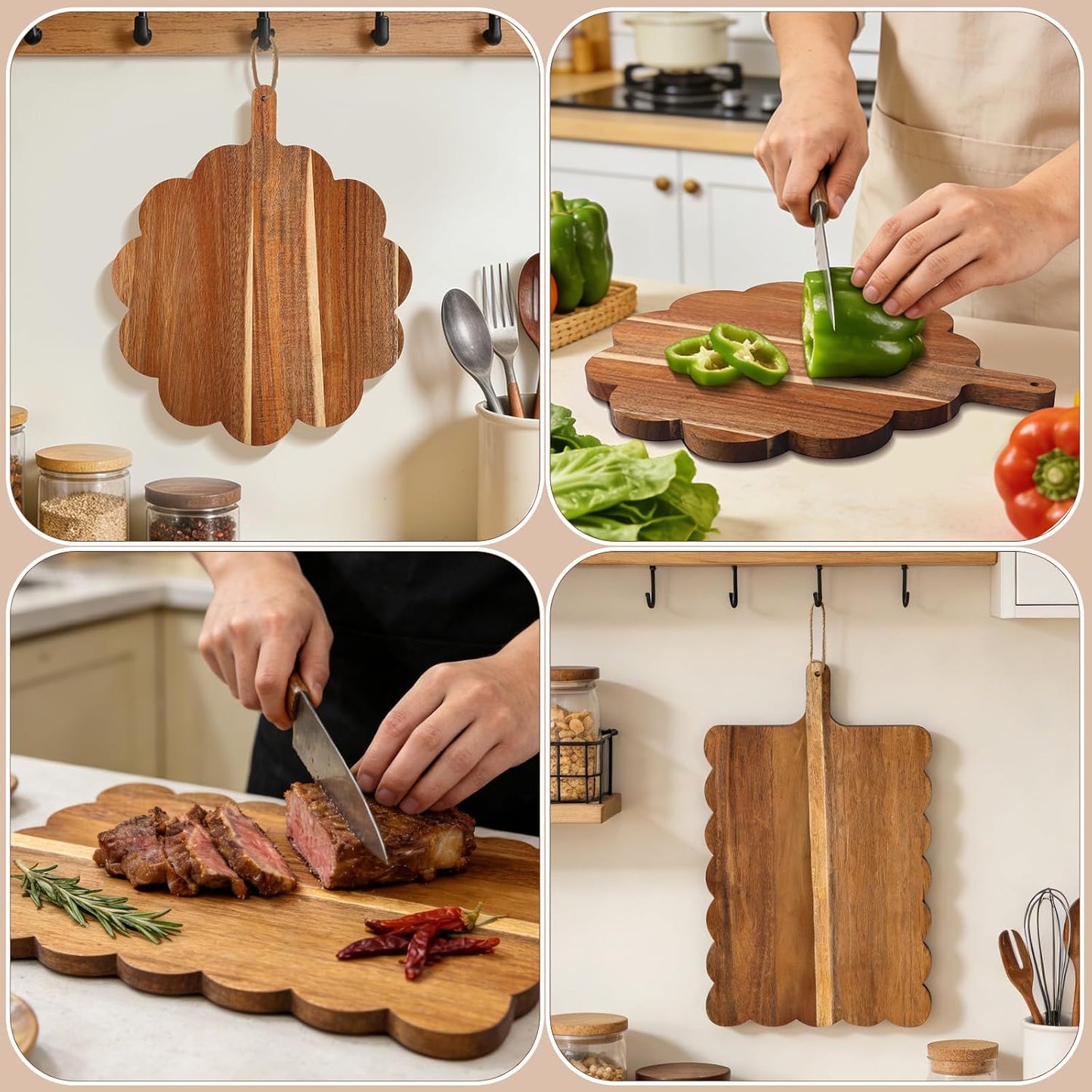 Acacia Wood Scalloped Cutting Boards Set / with Handle / Set of 2