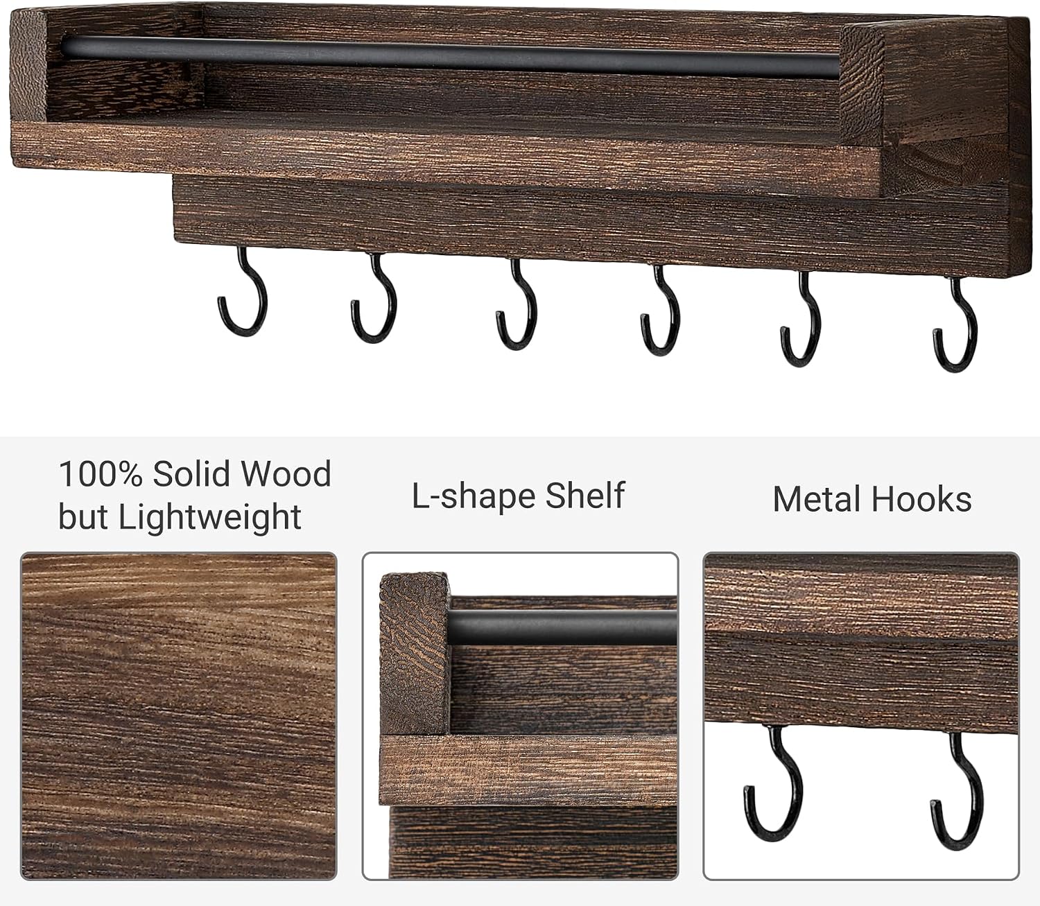 Key Holder / 6 Hooks Decorative Display Keys Hanger / Small / Brown / 9.5 x 3.5 x 2.5