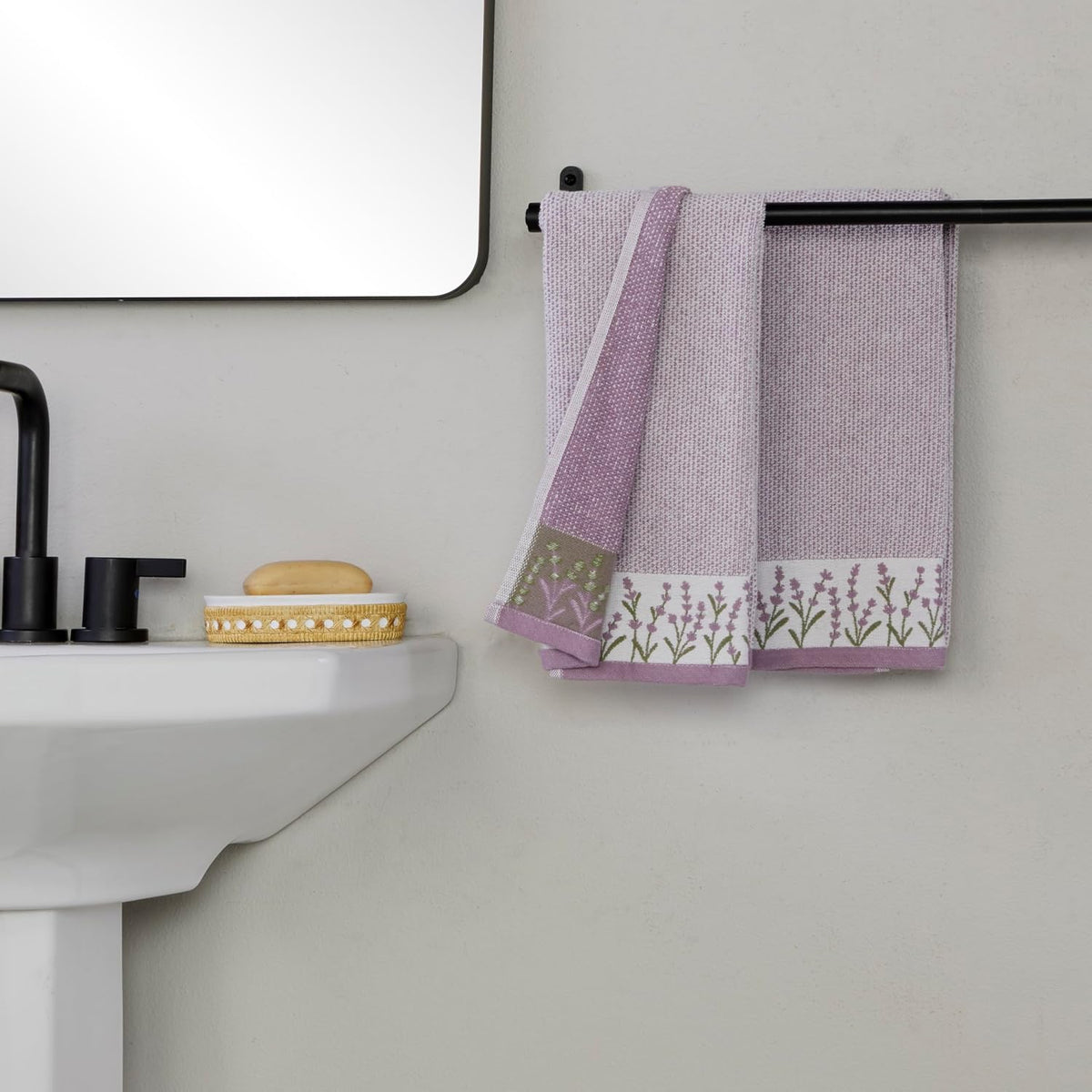 SKL Home Lavender Border Hand Towel Set-2pc, 100% Turkish Cotton, Purple | Soft & absorbent jacquard. For use in the