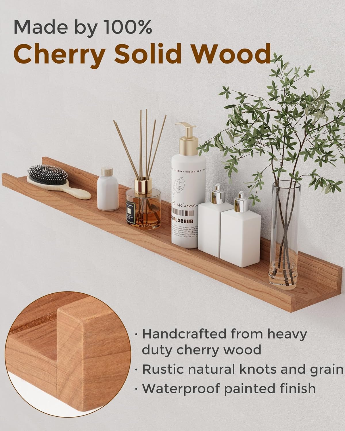 Cherry Picture Ledge Shelf, 36 Inch Floating Shelves Set of 2, Solid Wood Wall Shelves with Lip, Wall Decor Storage for