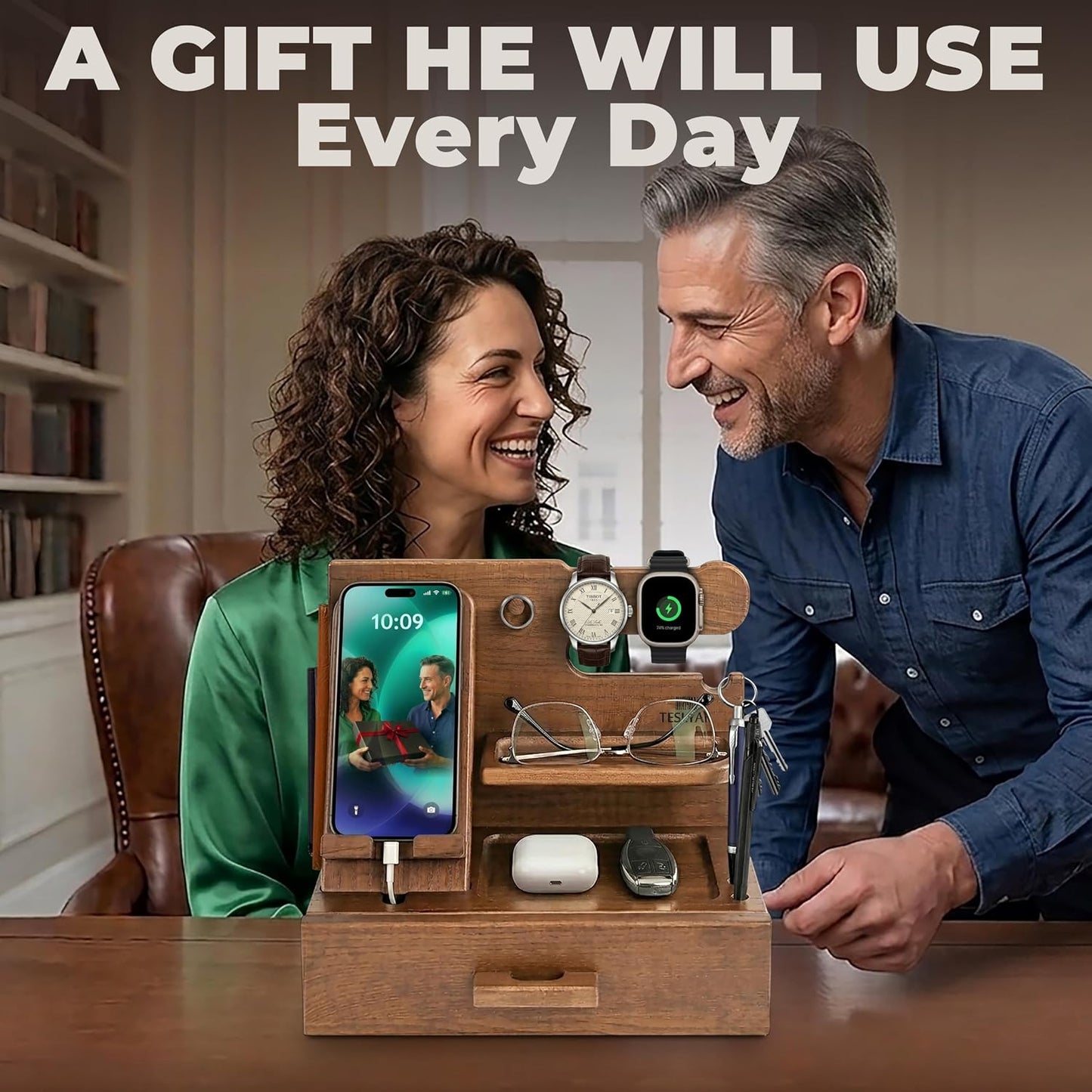 TESLYAR Wood Phone Docking Station with Drawer - Nightstand Organizer - Desk Organizer for Husband - Birthday Gifts for