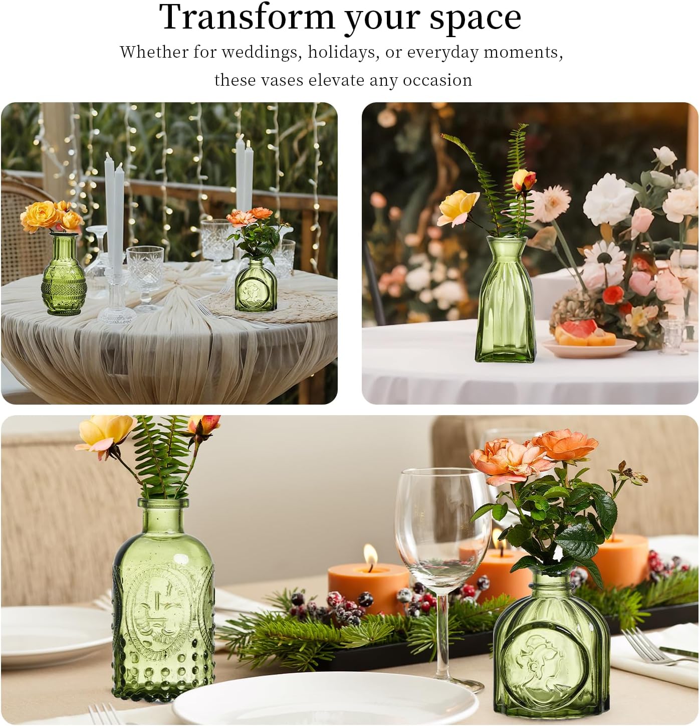 Crystal Vintage Vase Set / Green / Set of 16