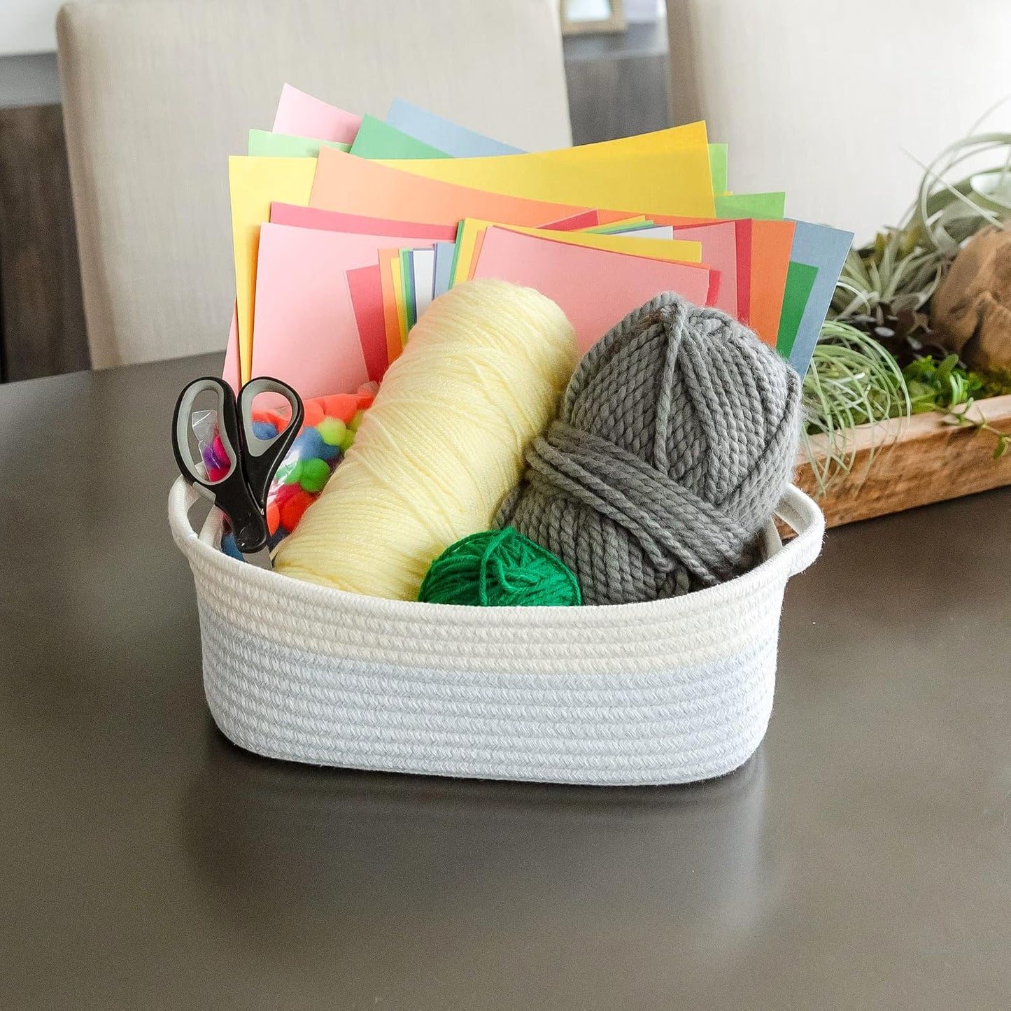 5-Piece Rectangle Storage Basket Set- Natural Cotton Rope Woven Baskets / Off White & Mixed Blue