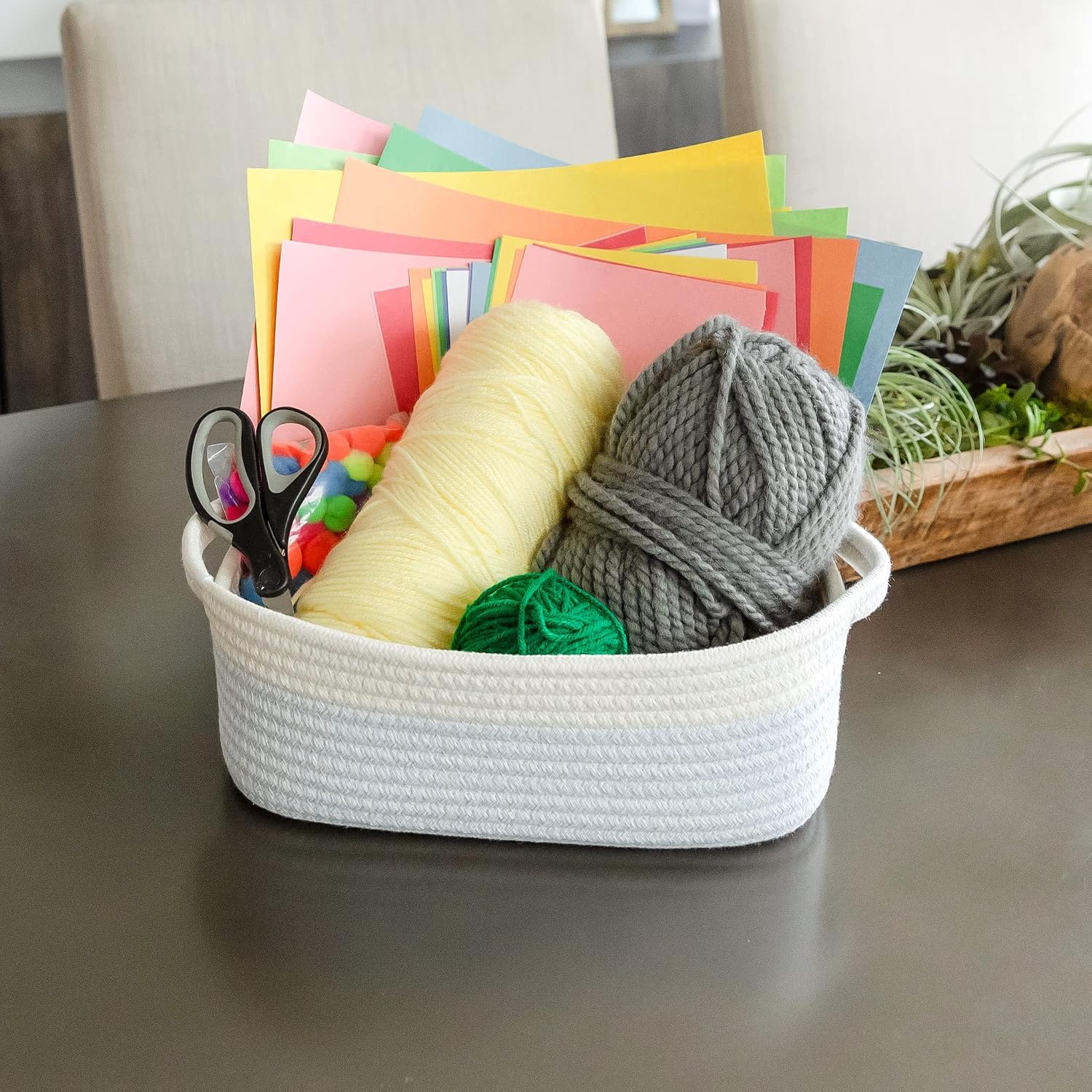 5-Piece Rectangle Storage Basket Set- Natural Cotton Rope Woven Baskets / Off White & Mixed Blue