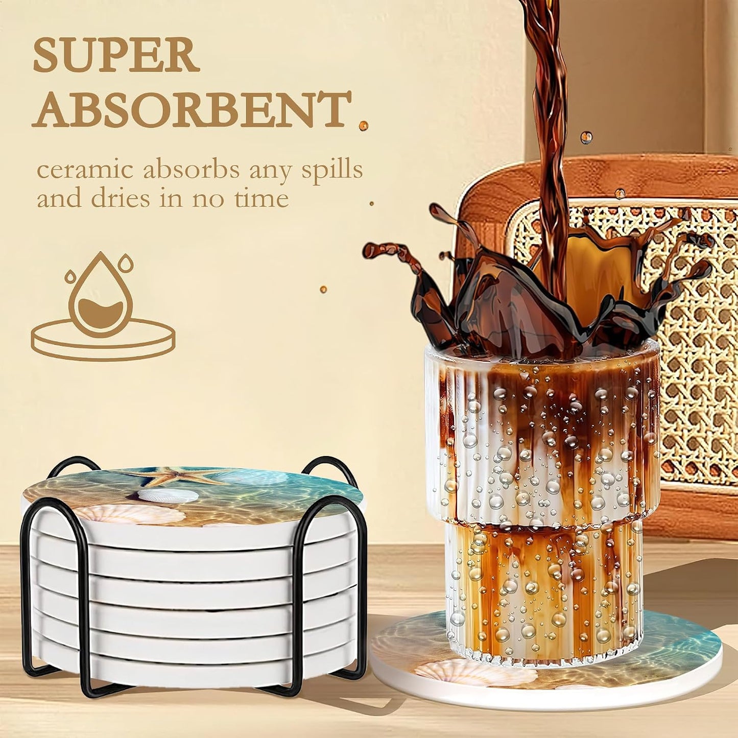 Holder / Water-Absorbent Beverage Pads for Dining Table Decor & Glass / Beach Seaside / Set of 6
