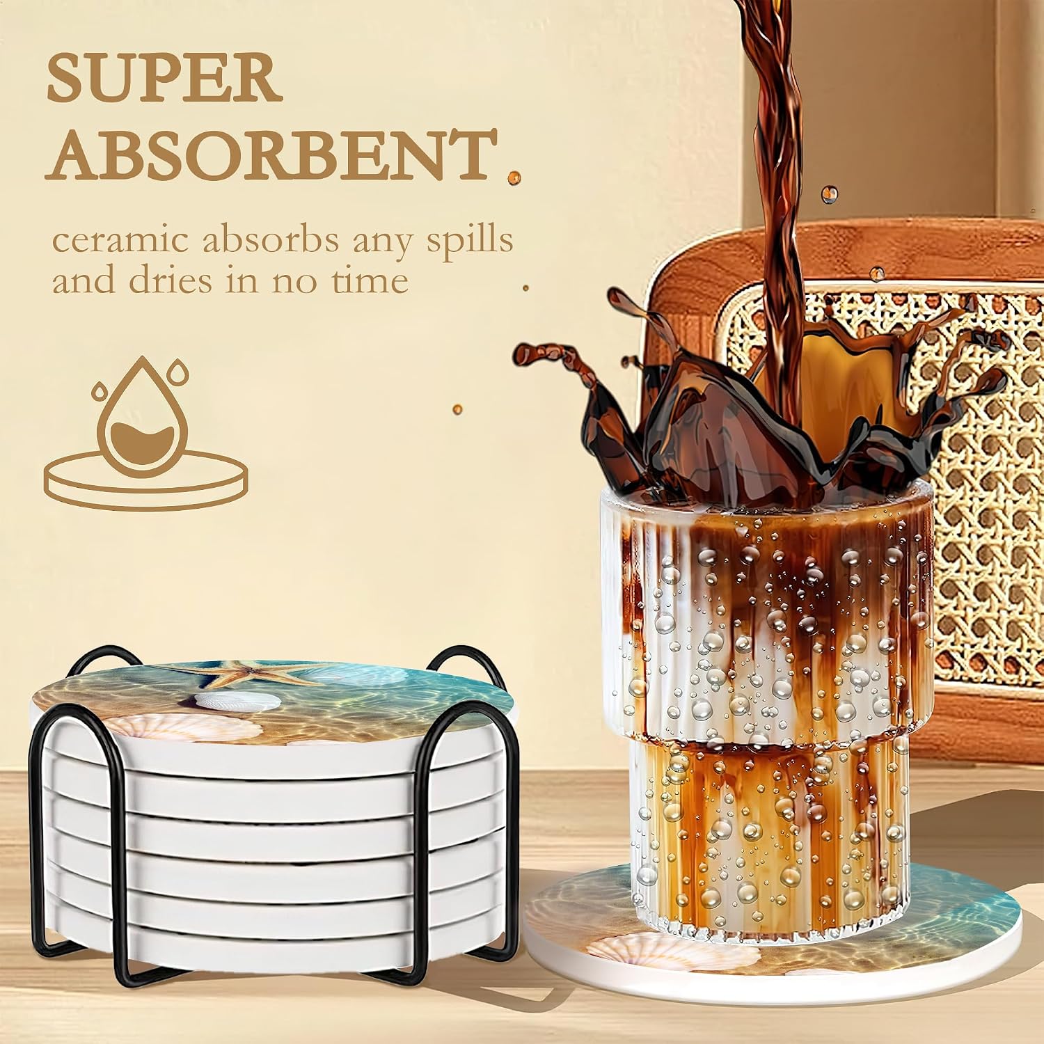 Holder / Water-Absorbent Beverage Pads for Dining Table Decor & Glass / Beach Seaside / Set of 6