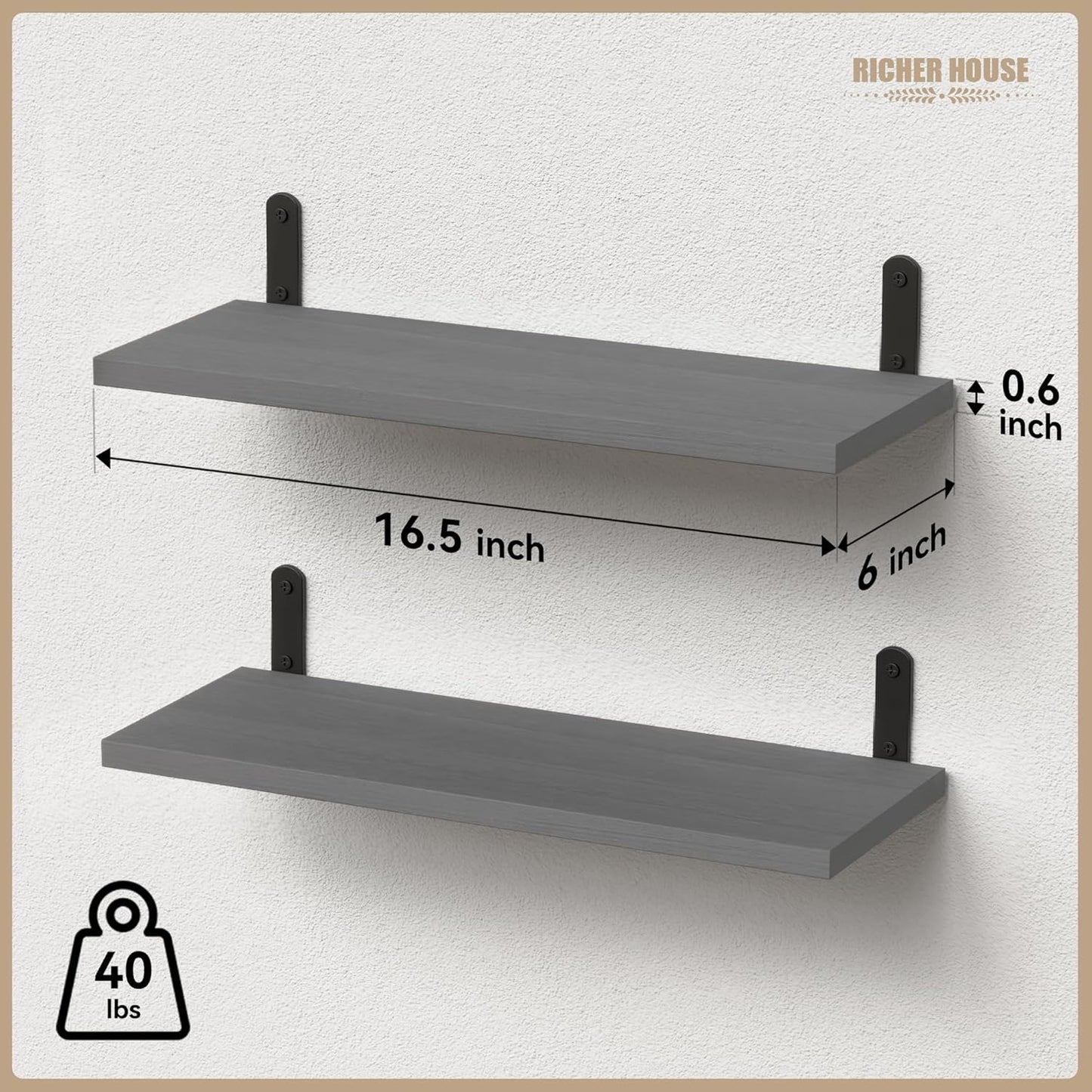 Rustic Wood Bathroom Shelves / Grey / 16.54in / Set of 2