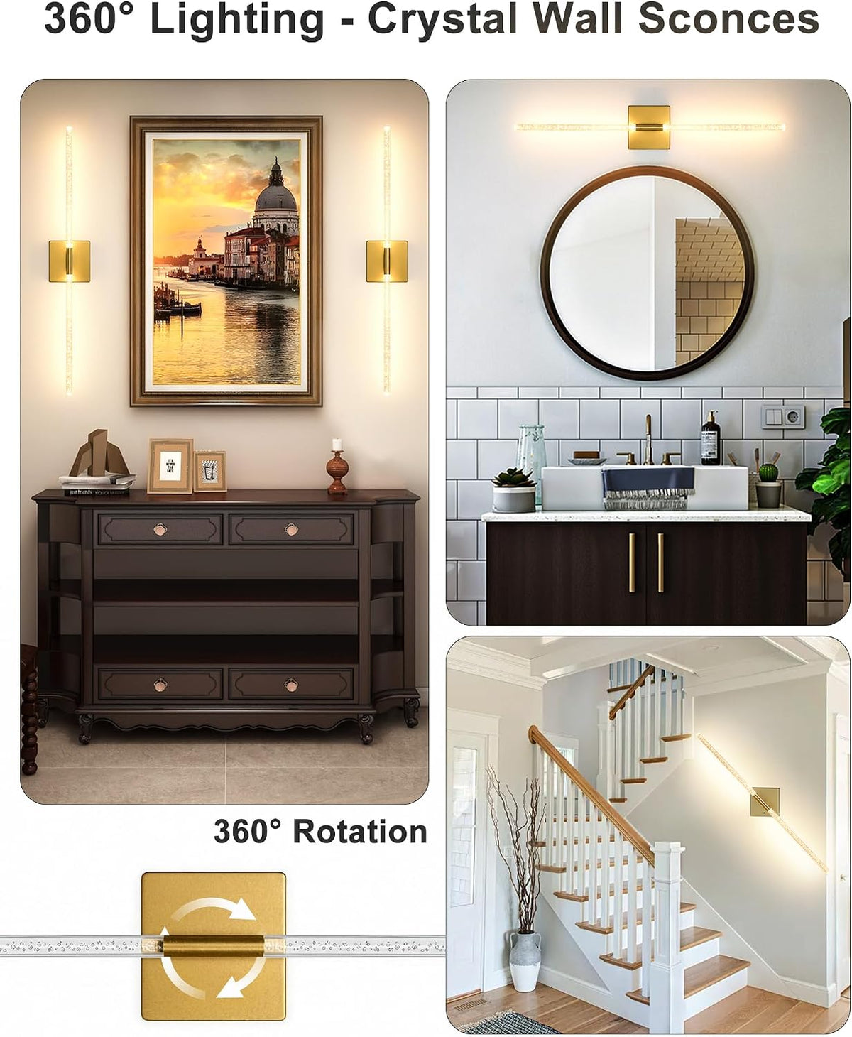 Wall Sconce Set of 2: Gold Rechargeable Wireless Magnetic Install, Crystal | 10000mAh Battery Operated, 360° Rotatable