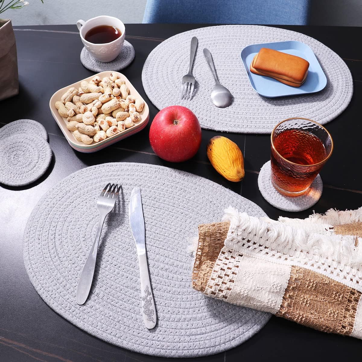 6 Pack Woven Placemats, 12x16 inches Gray Oval Plate Charger Cotton Heat Resistant Non-Slip Weave Place mats Farmhouse
