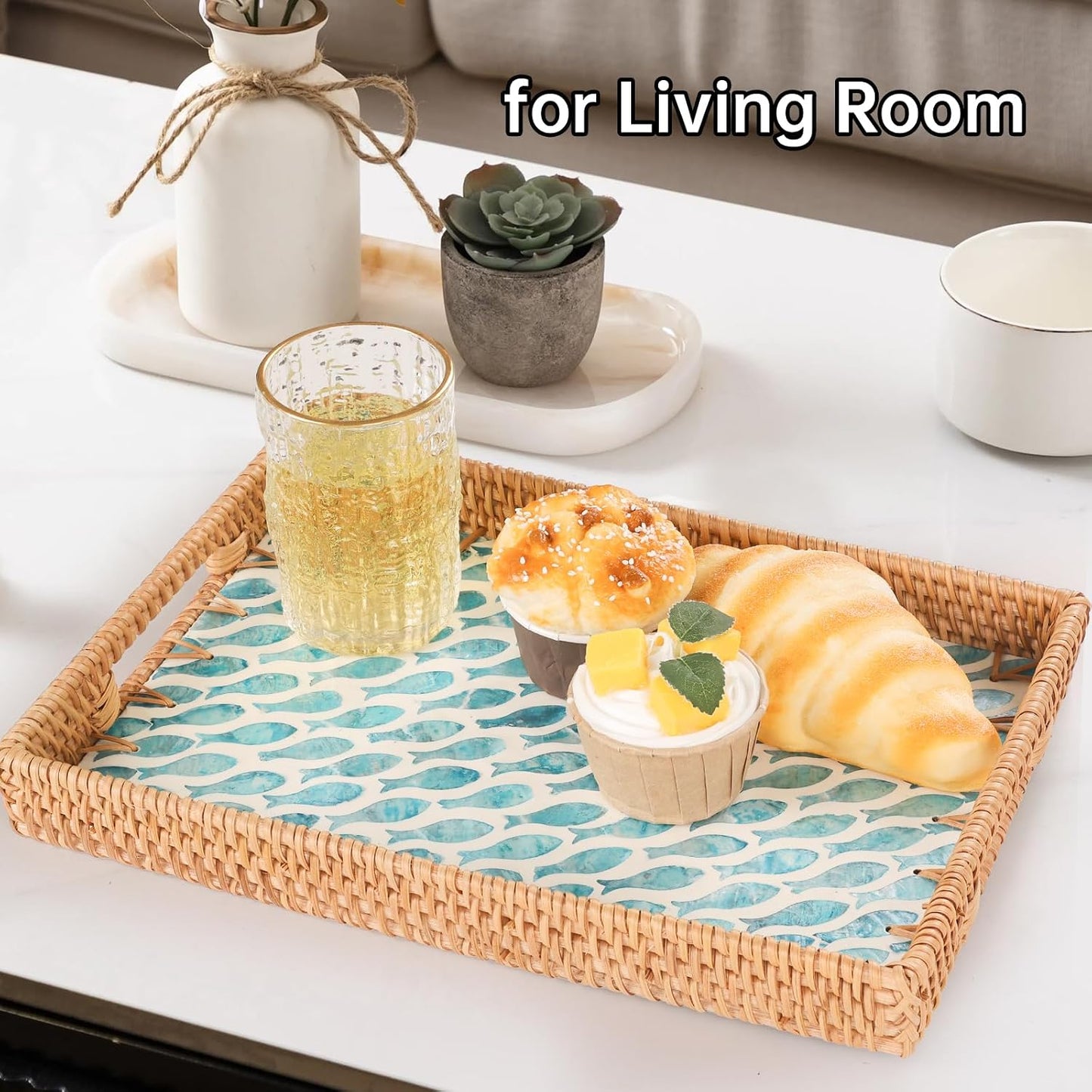 Rattan Serving Tray / Turquoise Fish