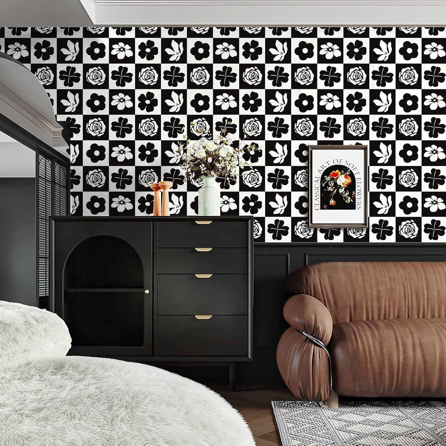 Black and White Wallpaper Peel and Stick Checkerboard Plaid Contact Paper / 17.3 x 196 / Black/white