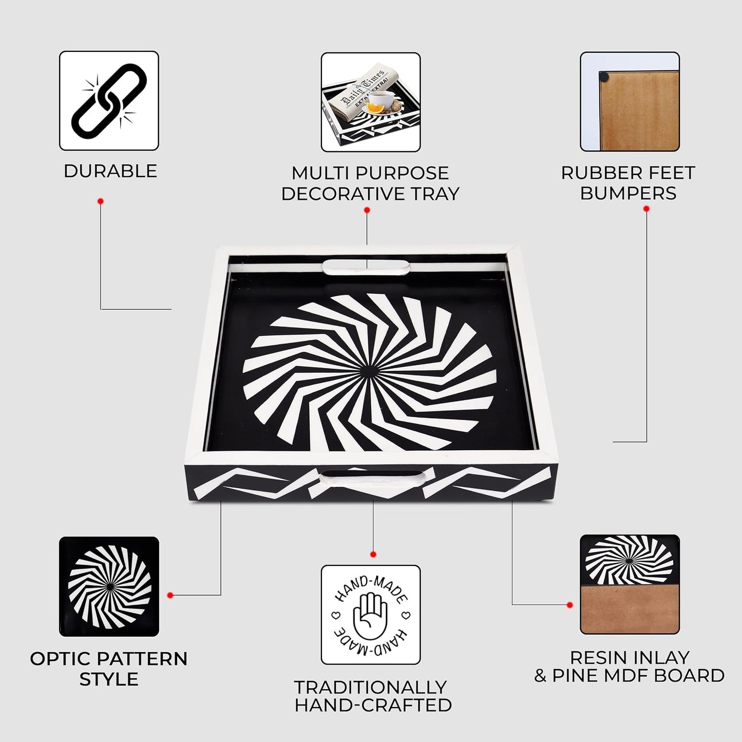 Ottoman Tray / White Decorative Tray / 12 x 12 x 1.5 / Illusion Optic / Black