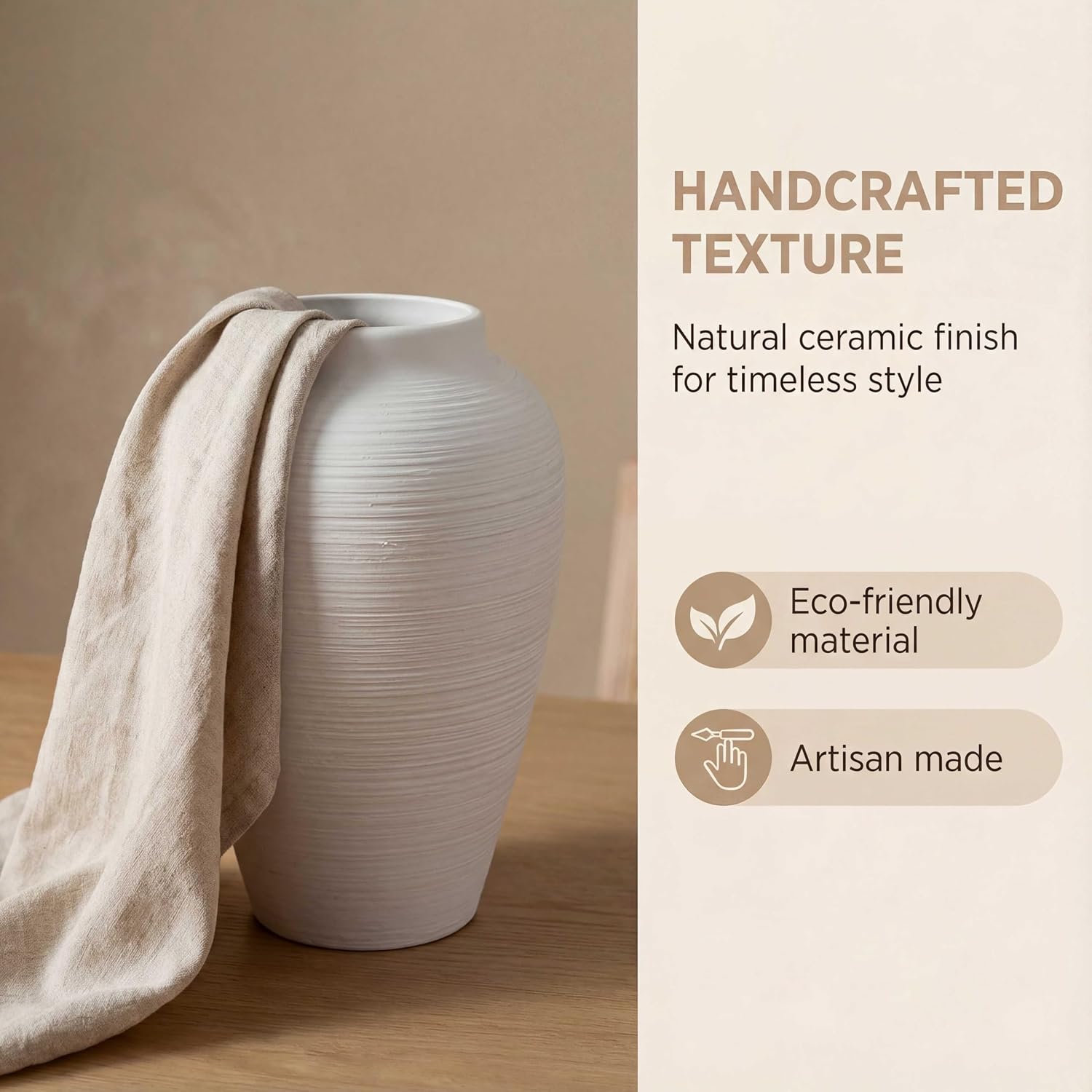 Off-White 10" Ceramic Vase / White Ribbed - 10" Medium
