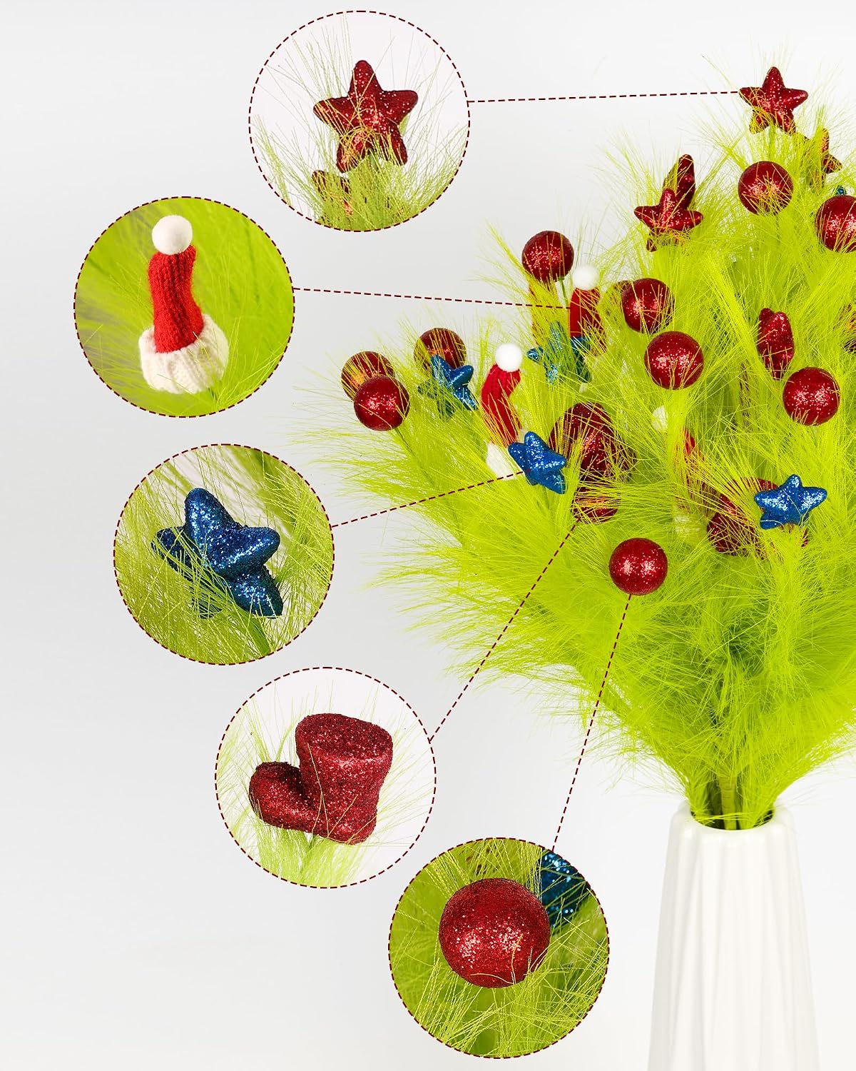 Green Faux Pampas Grass Décor 36"/ 54-Sprigs Large Artificial Pompas / Red&green / 3 Inch / Set of 6