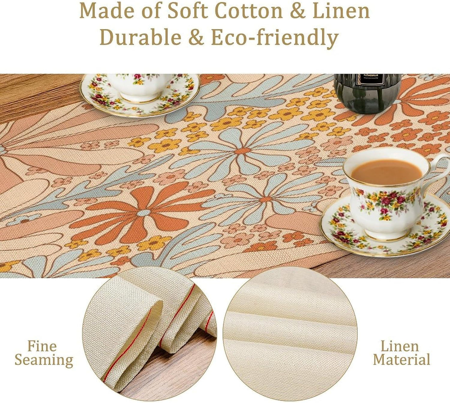 Boho Floral Table Runner Retro 19108s Hippie Summer Groovy Floral Power Printed Linen Table Runner for Home Kitchen