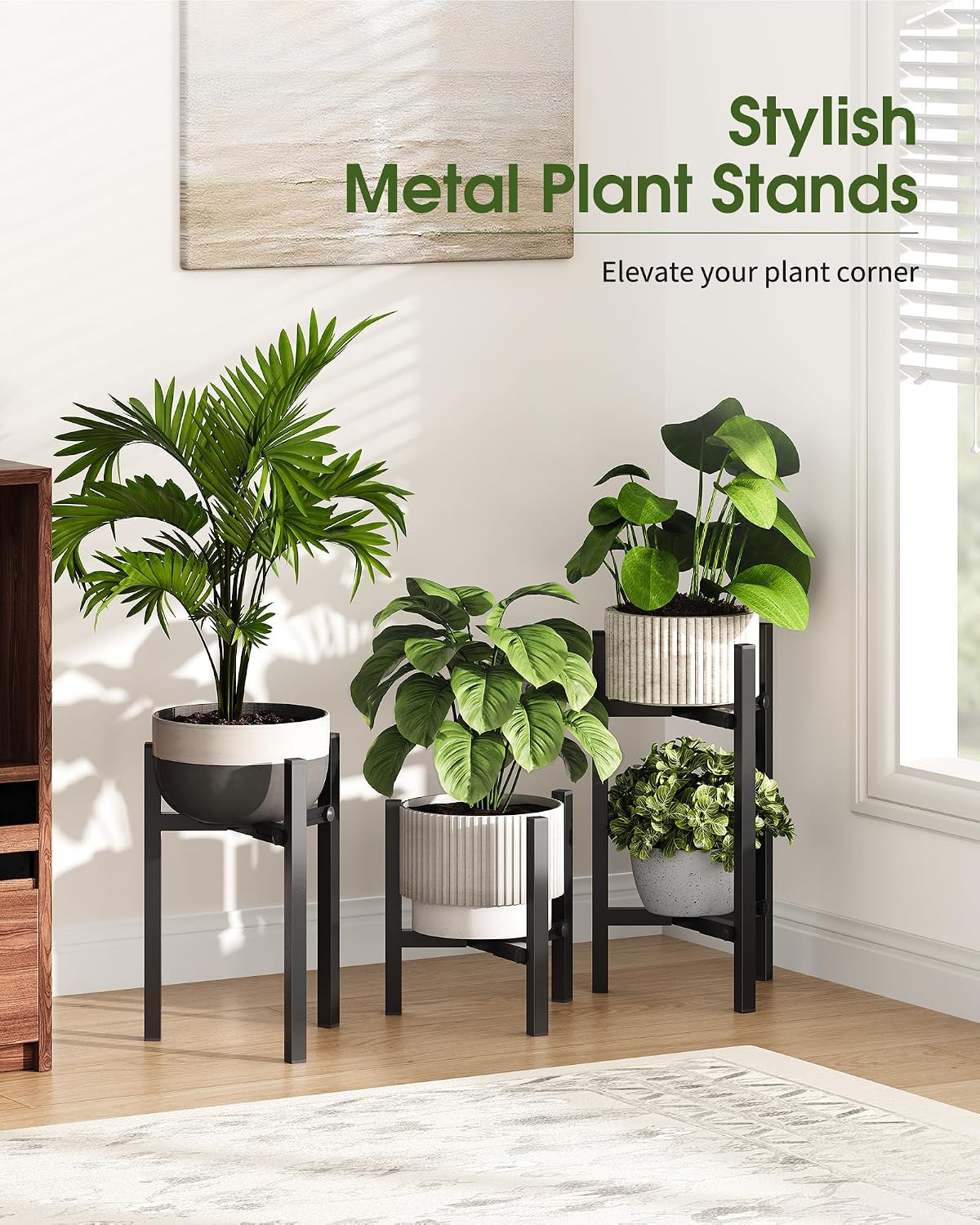 3 Pack Plant Stand Indoor Adjustable, Metal Modern Indoor Plant Stand, Heavy Duty Single Plant Stands Outdoor Corner
