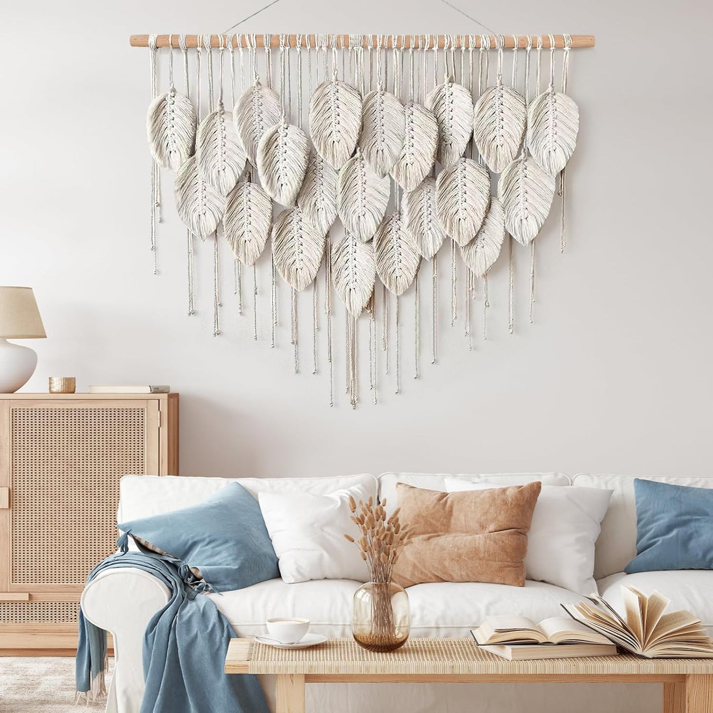 Macrame Wall Hanging Boho Beige Leaves Tapestry Bohemian Handmade Woven Wall / Beige-39" W x 28.3" L