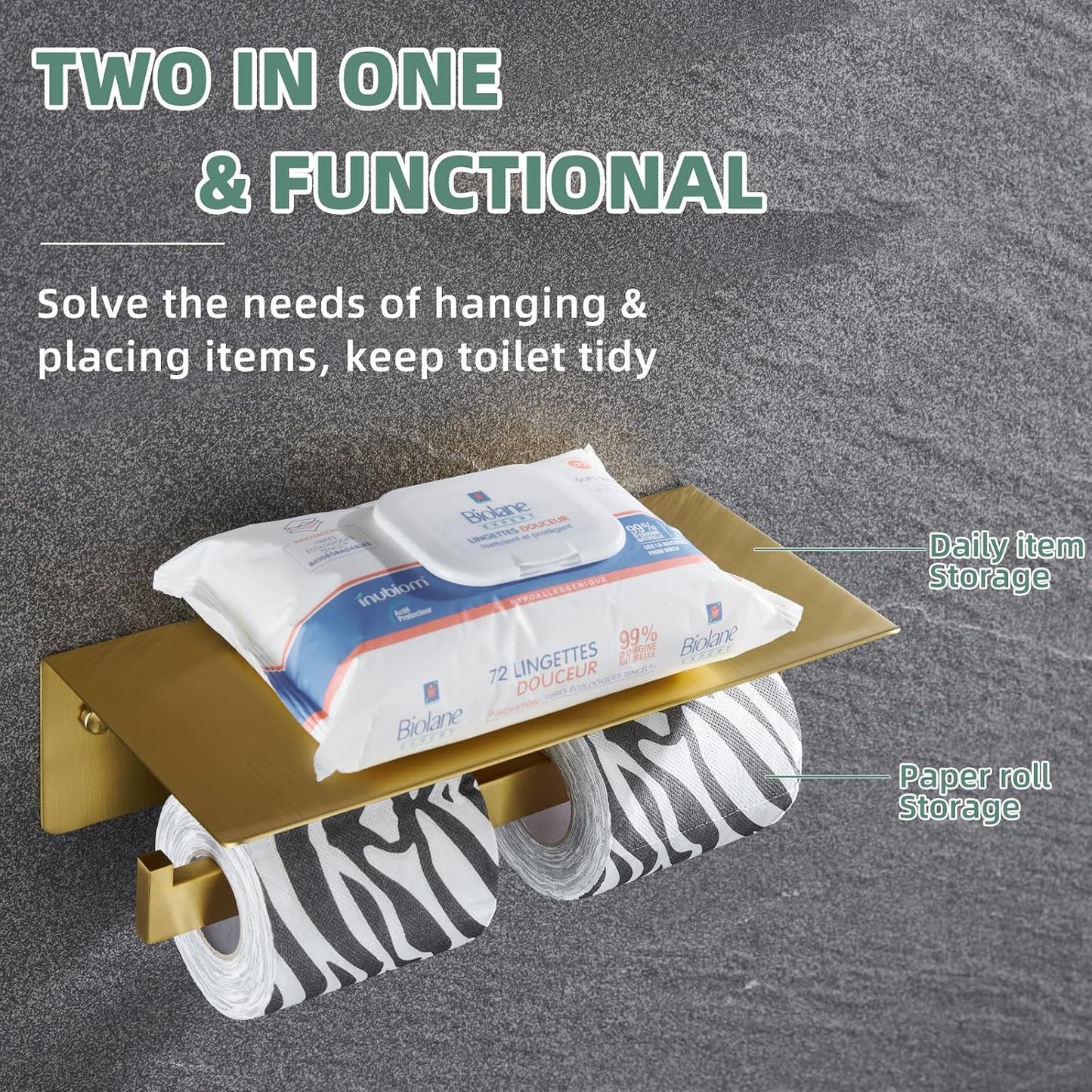 APLusee Brushed Gold Double Toilet Paper Holder with Shelf, Wall Mounted | 304 Stainless Steel, Rust-resistant Tissue