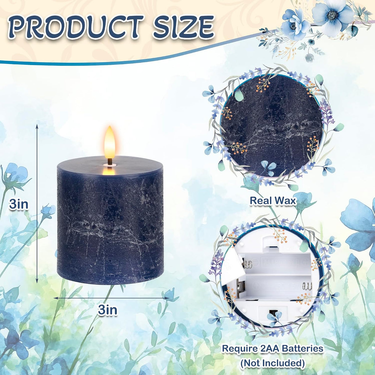 Navy Blue Flameless Candles with Remote and Timer, Fake Candles Set of 3 | 3 x 3 Inch Battery Operated Pillar Candles