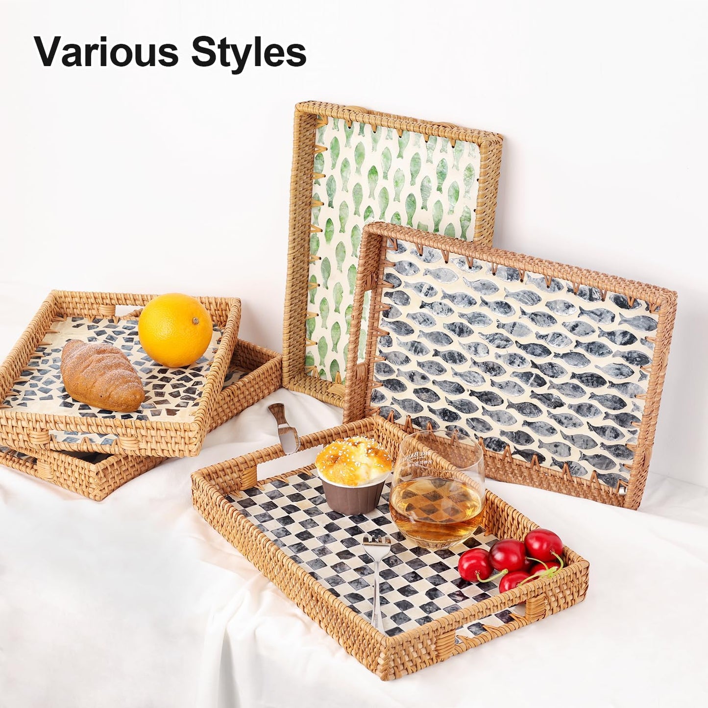 Rattan Serving Tray / Black Checkerboard