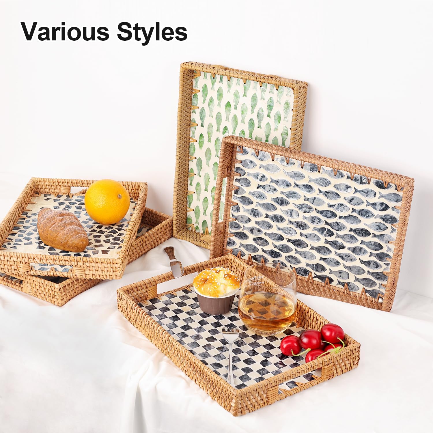 Rattan Serving Tray / Black Checkerboard