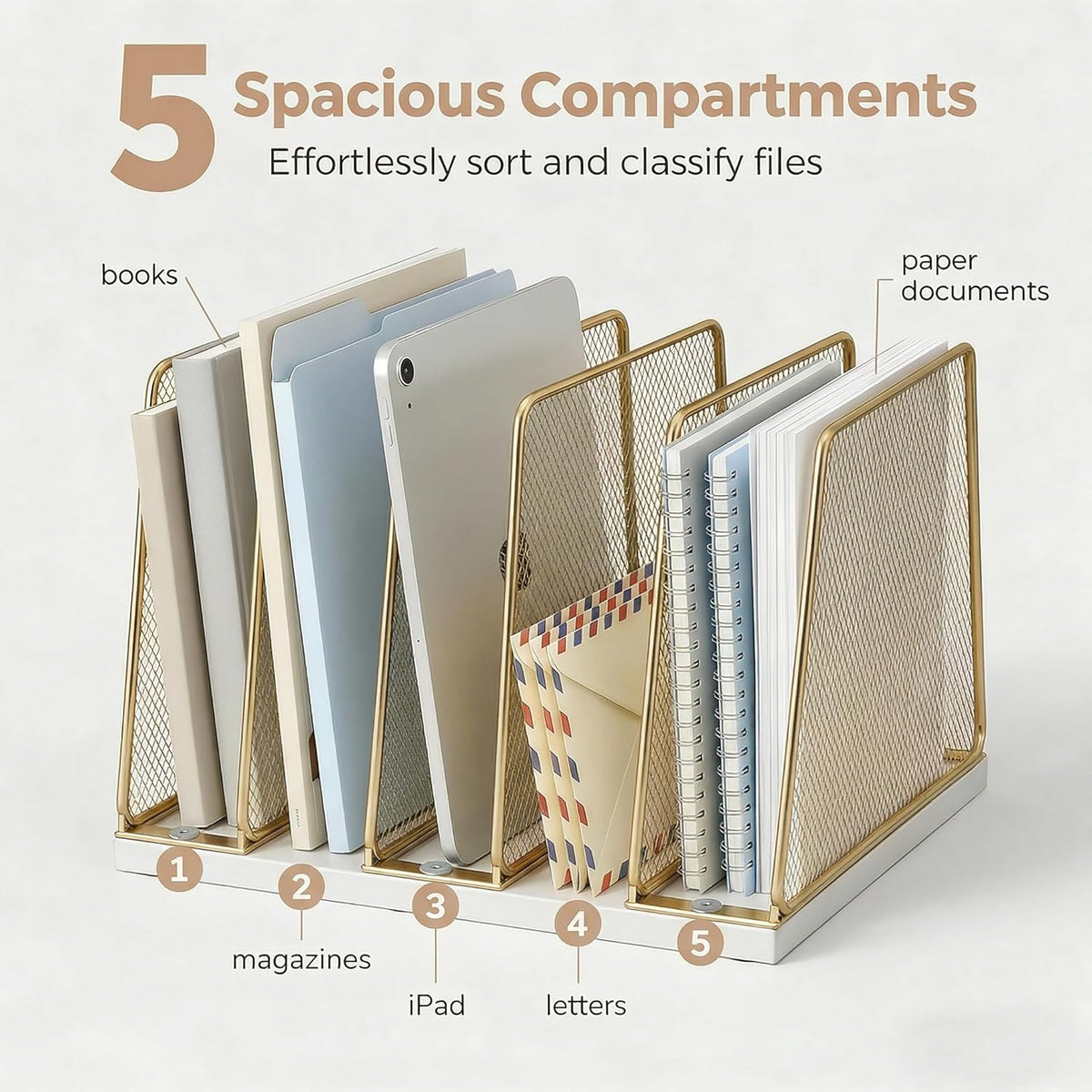 5-Section Vertical File Organizer for Desk, Gold | Sturdy Wood Base, Metal Mesh, Desktop File Holder, Upright Paper