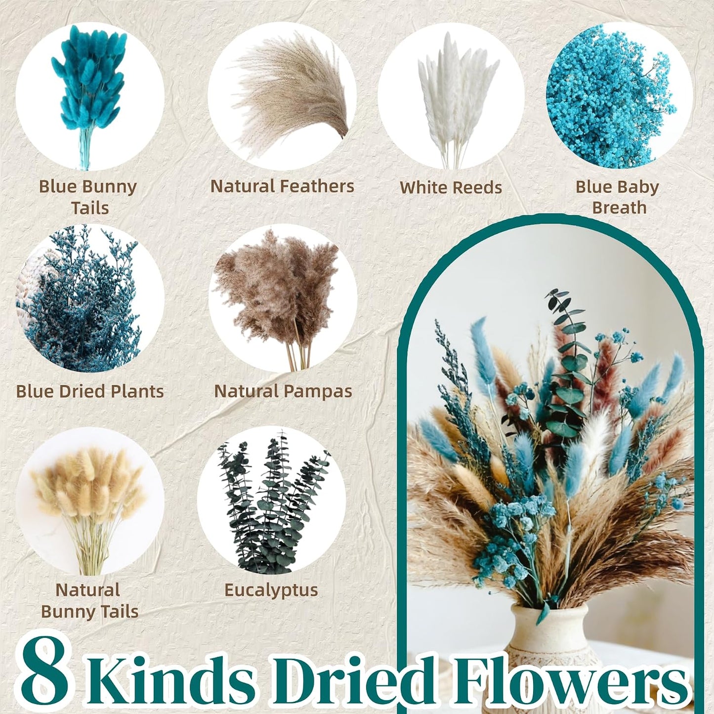 Turquoise Dired Pampas Grass Decor 17" Fluffy Real Blue Dired Flowers / Teal