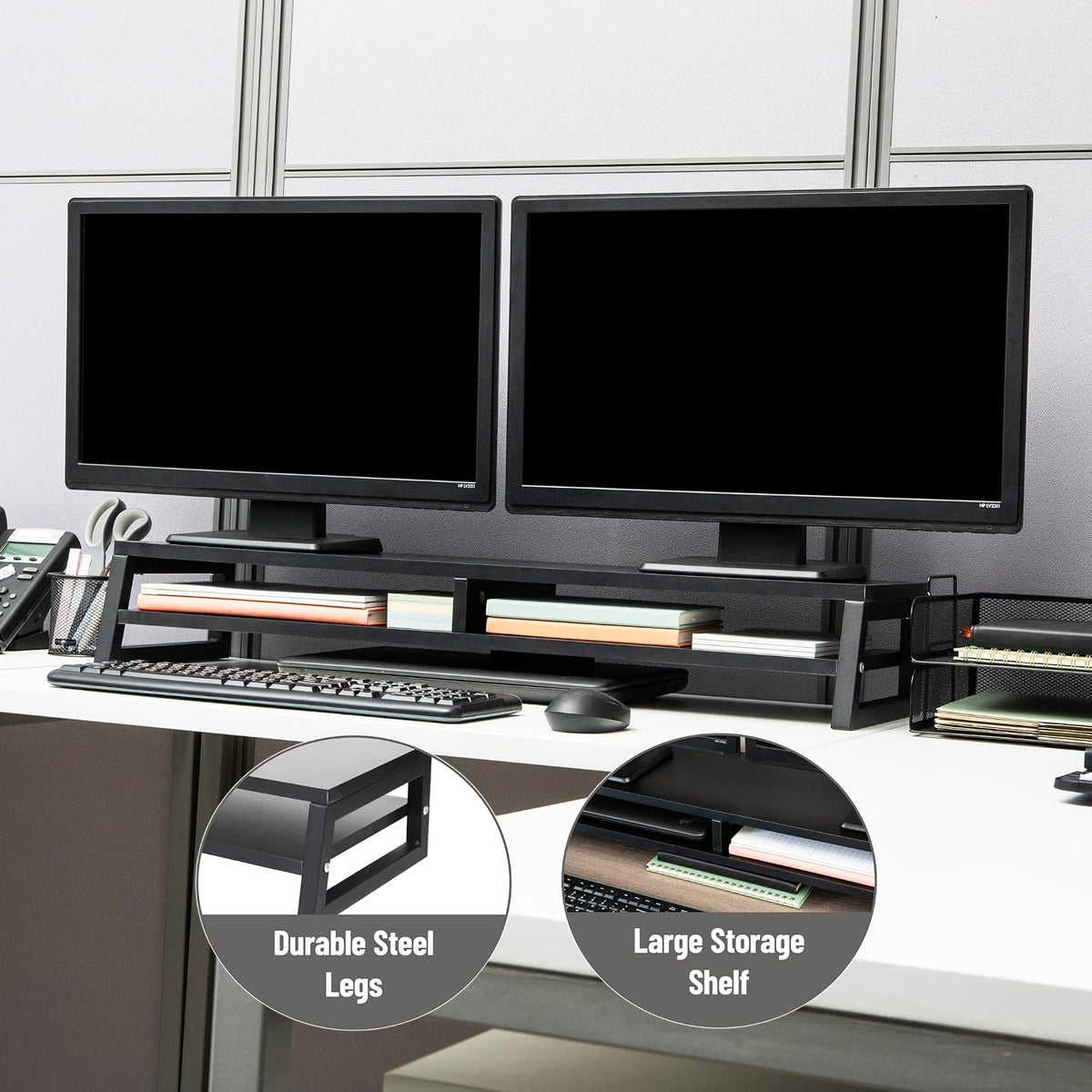 Mind Reader 2-Tier MDF Double Monitor Stand, Dual Screen Riser with Storage Shelf, 33.75 Inch Wide, 88 lb Capacity
