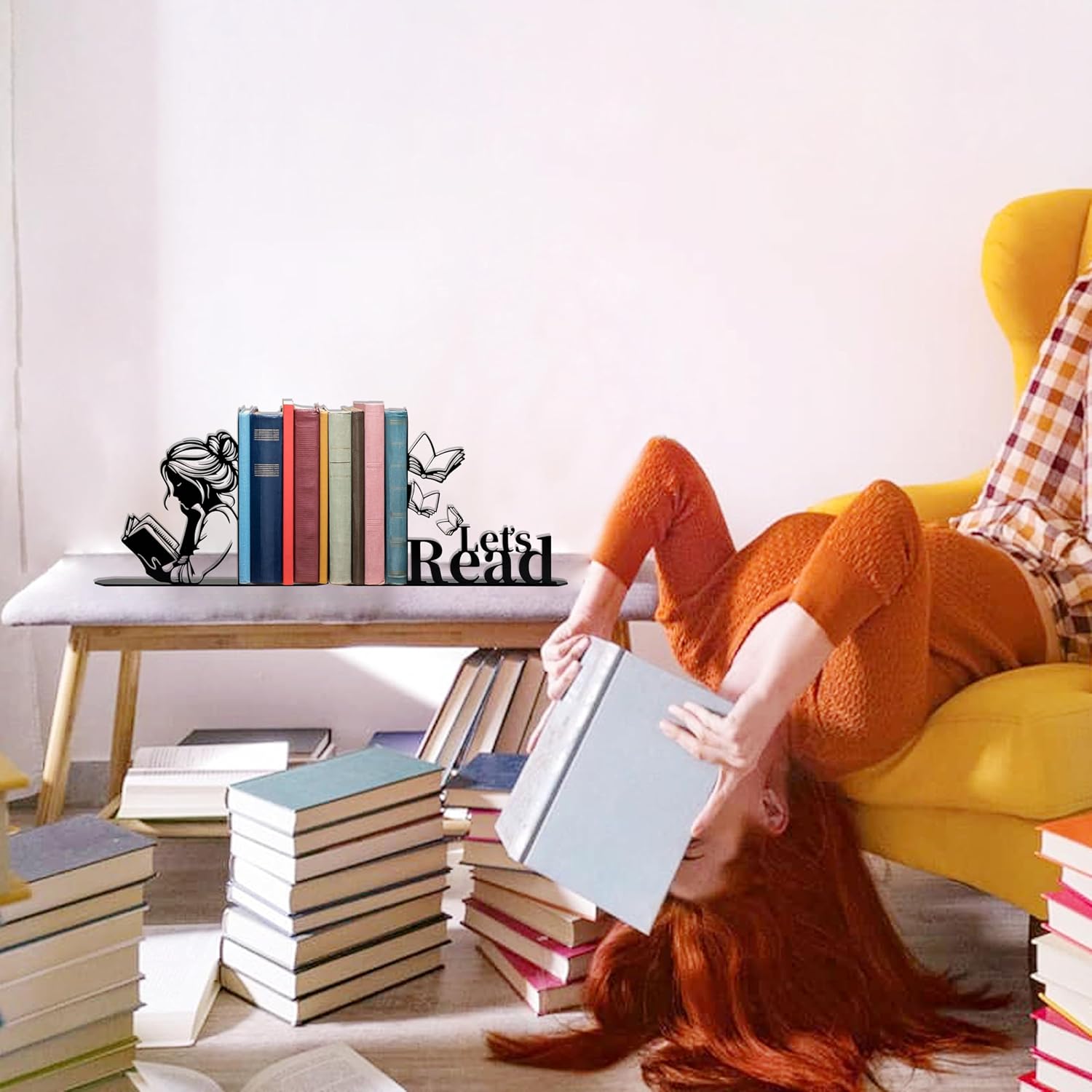 Metal Girl Reading Book Bookends / Black
