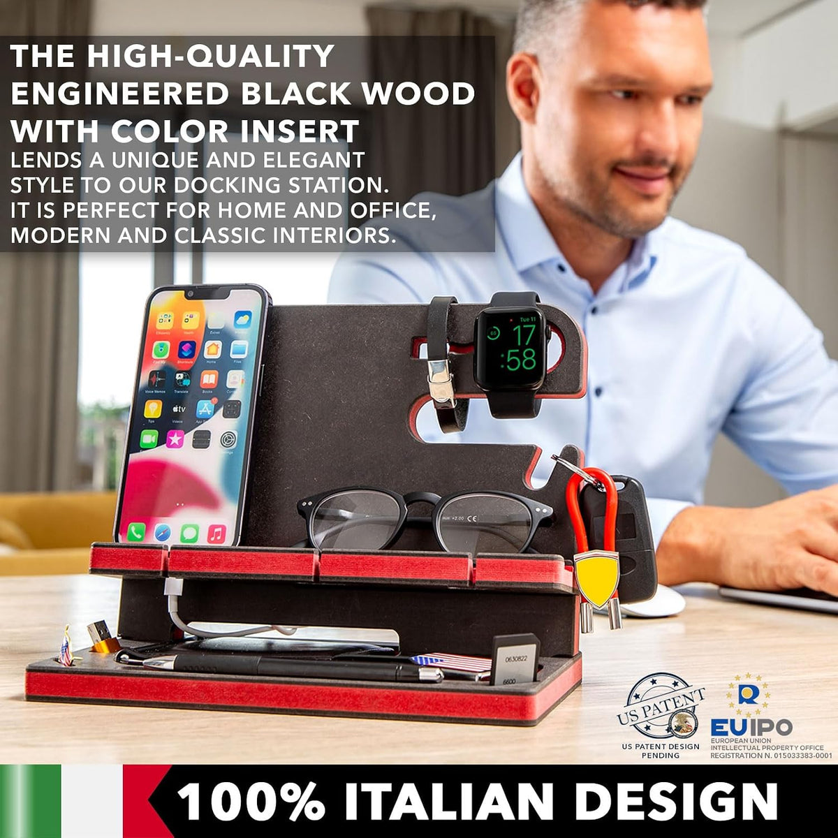 Wooden Docking Station for Cell Phone, Tablet, Wallet, Gadgets, Watch, Keys, Accessories, Essentials Desk Organizer
