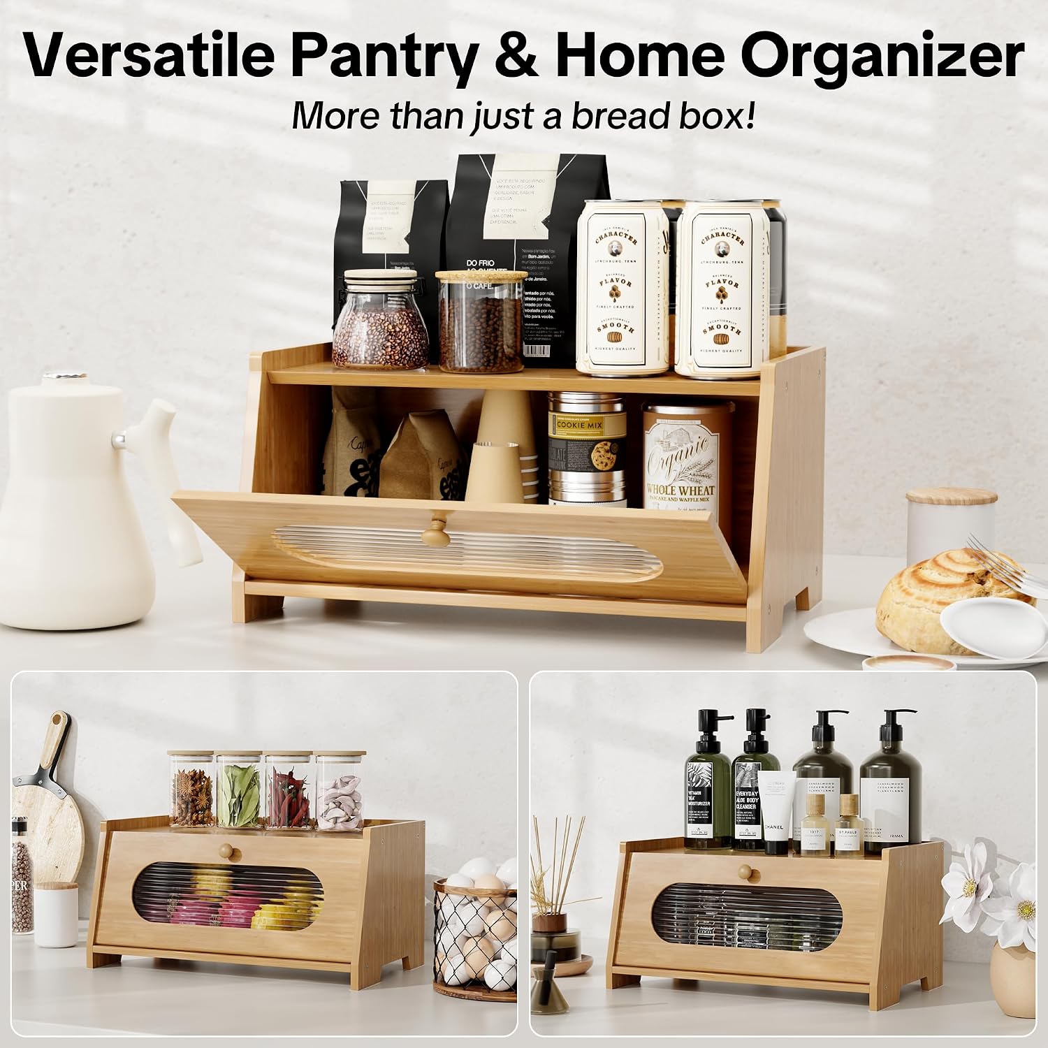 Bamboo Bread Box for Kitchen Countertop,Large Capacity Kitchen Countertop Organizer,Bread Storage with Acrylic Window