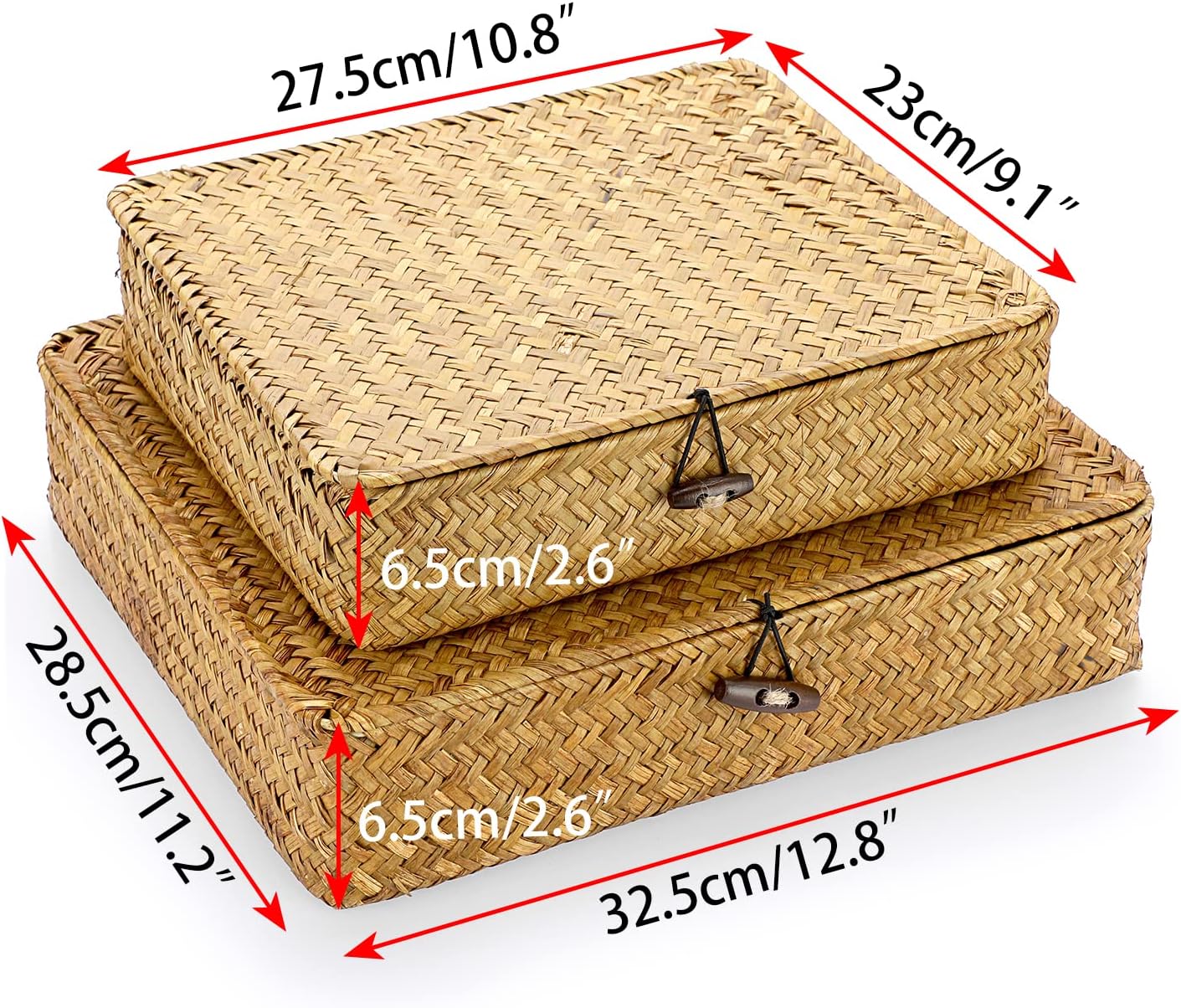 Flat Woven Wicker Storage Bins / Small+large / Caramel / Natural / Set of 2