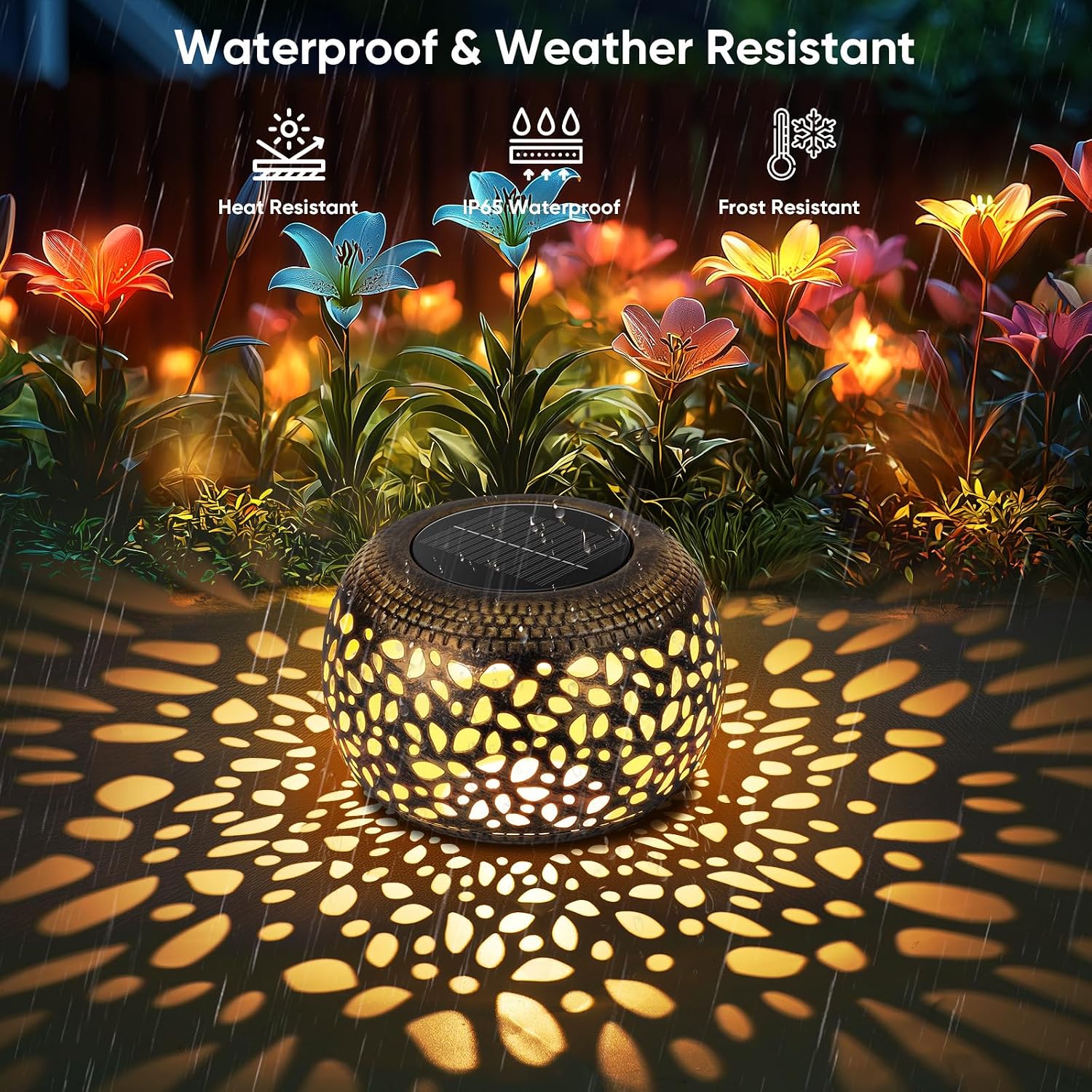 Outdoor Solar Lanterns Patio Decor: 4 Pack Bronze Waterproof Solar Lights | Hollow Out Retro Metal Garden Lantern, Warm