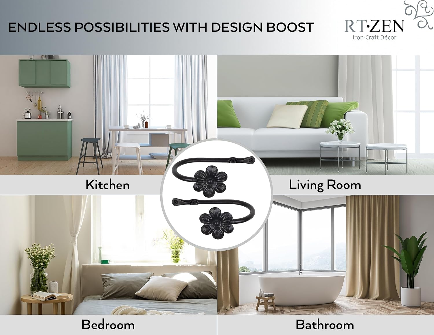 Decorative Metal Curtain Tiebacks - Farmhouse Wrought Iron Curtain Holdbacks - Drapery Holders for Wall - Unique Metal