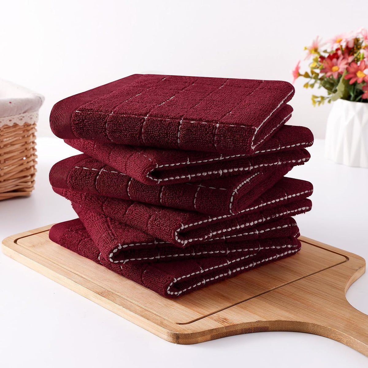 Homaxy 100% Cotton Terry Kitchen Dish Cloths, 12 Pack, Burgundy | Ultra Soft and Absorbent Dish Towels for Kitchen