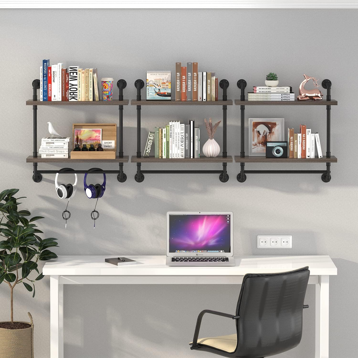 Helsin 2 Tier Wood Floating Shelves Towel Rack, Industrial Pipe Bathroom Shelves Wall Mounted with Towel bar, Wall