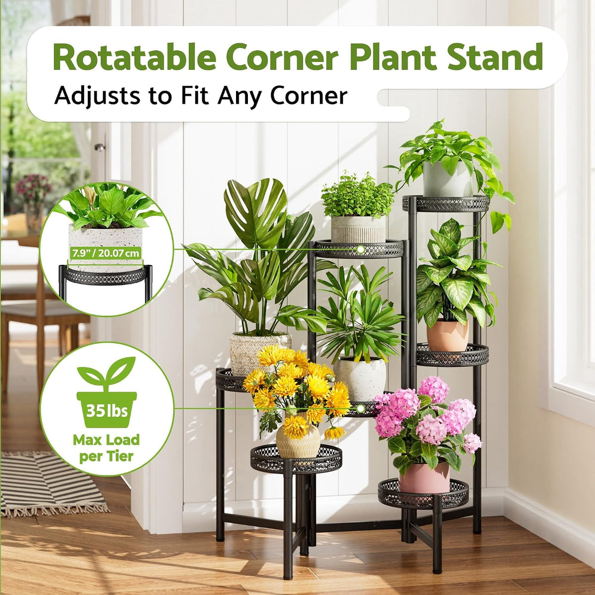 7 Tier Large Metal Plant Stand Indoor Outdoor with 7.9 Inch Wide Tray, Tiered Corner Plant Stand, Flower Display Holder