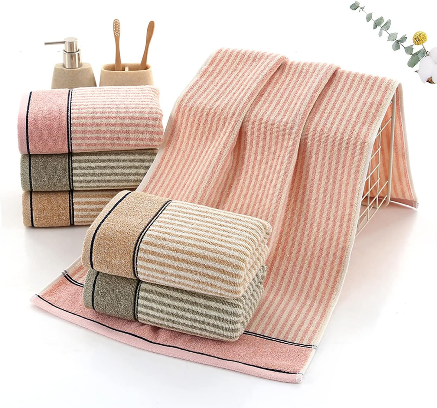 Hand Towels Set of 4 100% Cotton Striped Pattern Absorbent Soft Decorative Towel for Bathroom (Gray Brown)