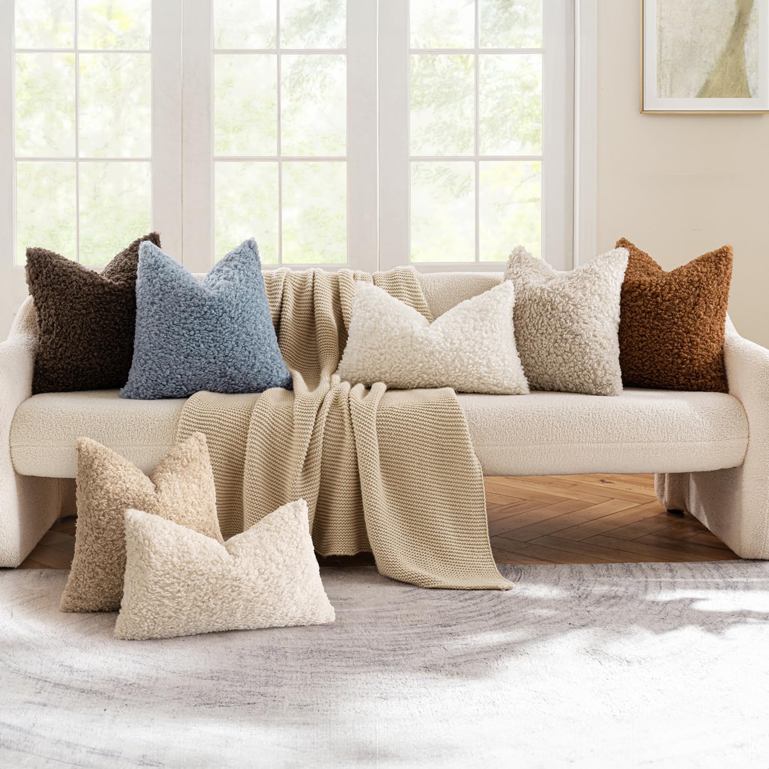 Faux Fur Throw Pillow Covers Boucle Decorative Sherpa / 18 x 18 / Neutral Light Beige / Set of 2
