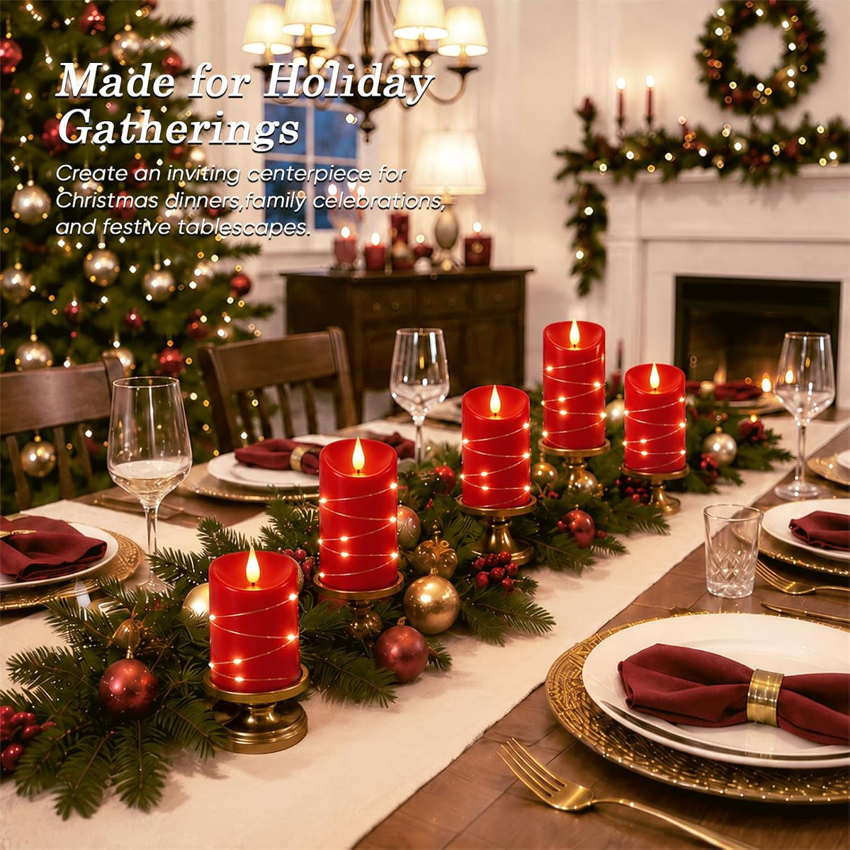 Homemory Red Flameless Candles with String Lights, 3 Pack Real Wax LED Pillar Candles with 3D Wicks, Battery Operated