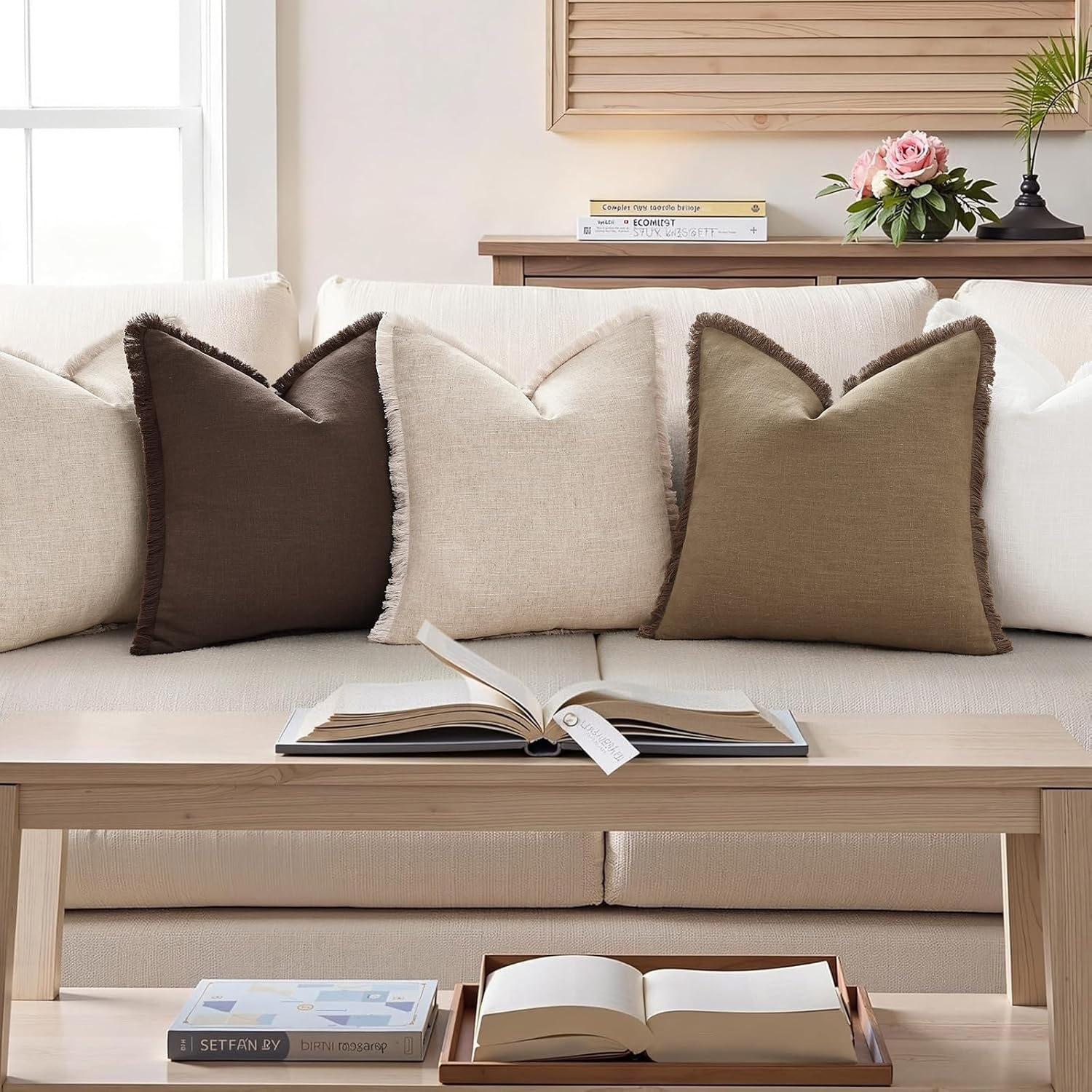 Summer Decorative Neutral Linen Fringe Throw Pillow Covers Pillow / Chocolate / 18 x 18 / Set of 2