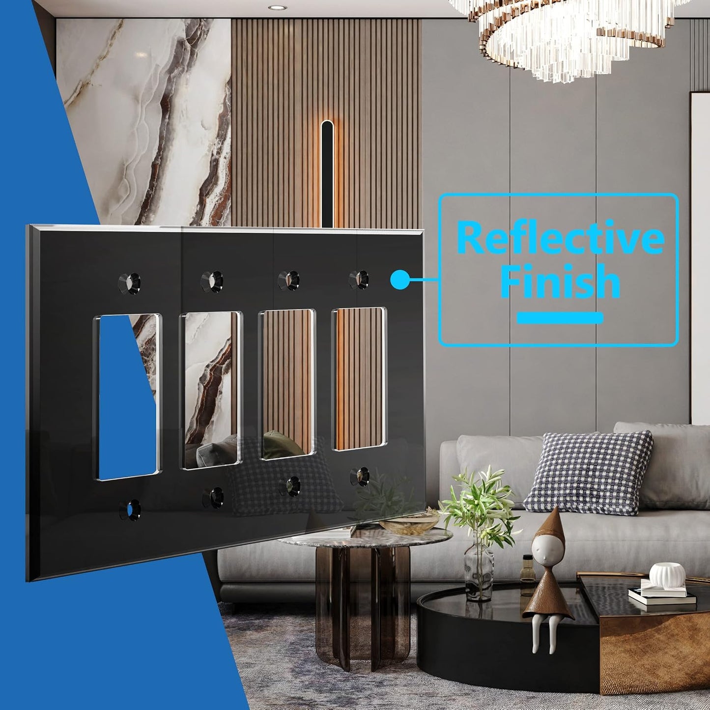 LIDER Reflective Decorator Wall Plate, Oversized 4-Gang, Mirror Glass Black | Mirrored Light Switch Plate, Plexiglass