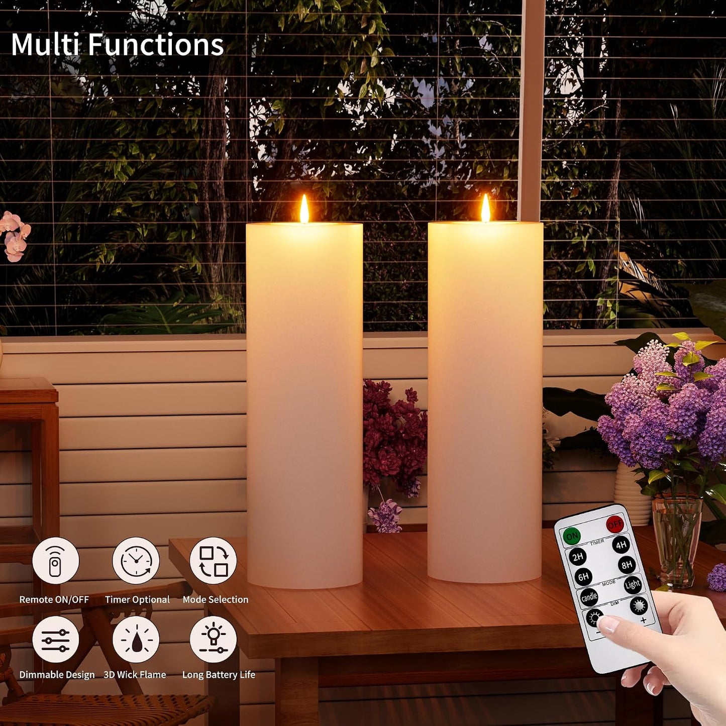 12" x 4" Large Outdoor Candle with Remote Timer Waterproof White 2 Pack | Battery Operated Flameless Pillar Candle