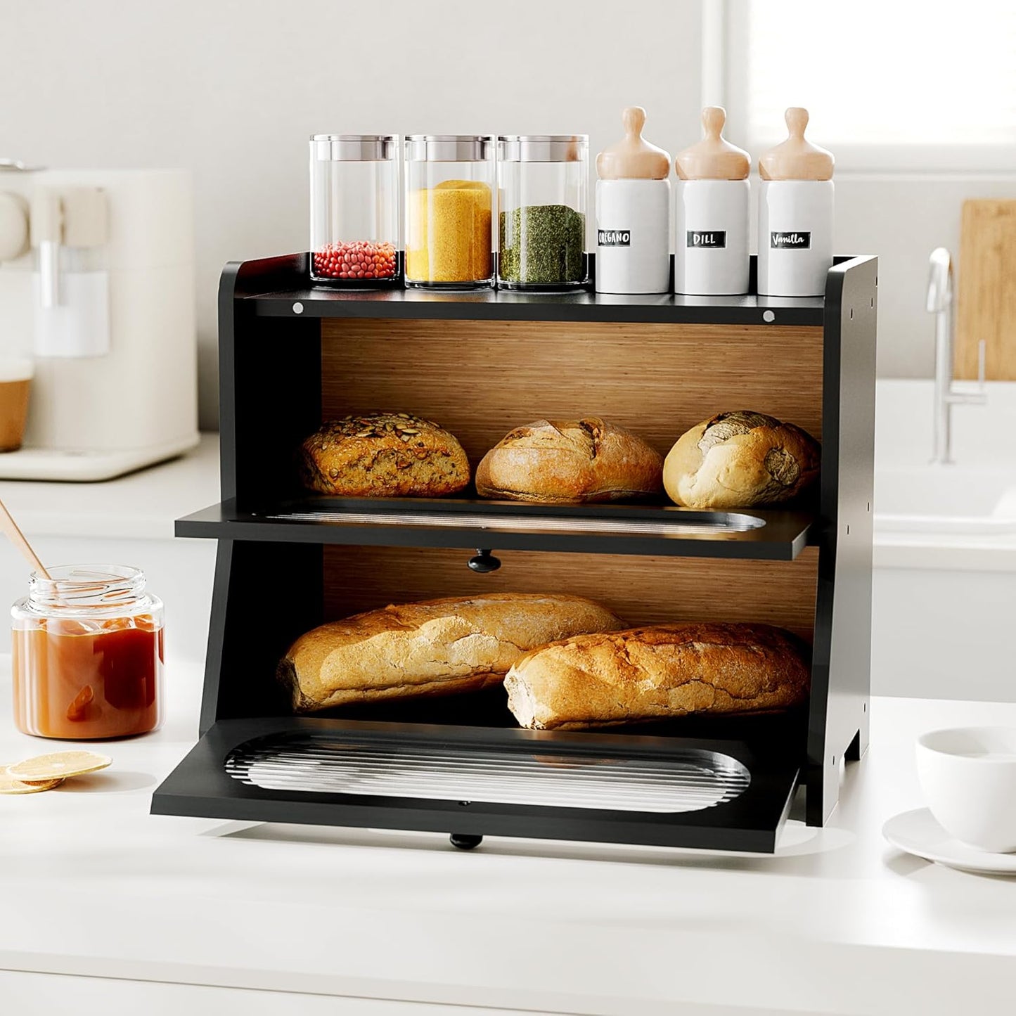Bread Box,Extra Large 2-Tier Bamboo Bread Box for Kitchen Countertop,Bread Storage Container with Magnetic Acrylic Door