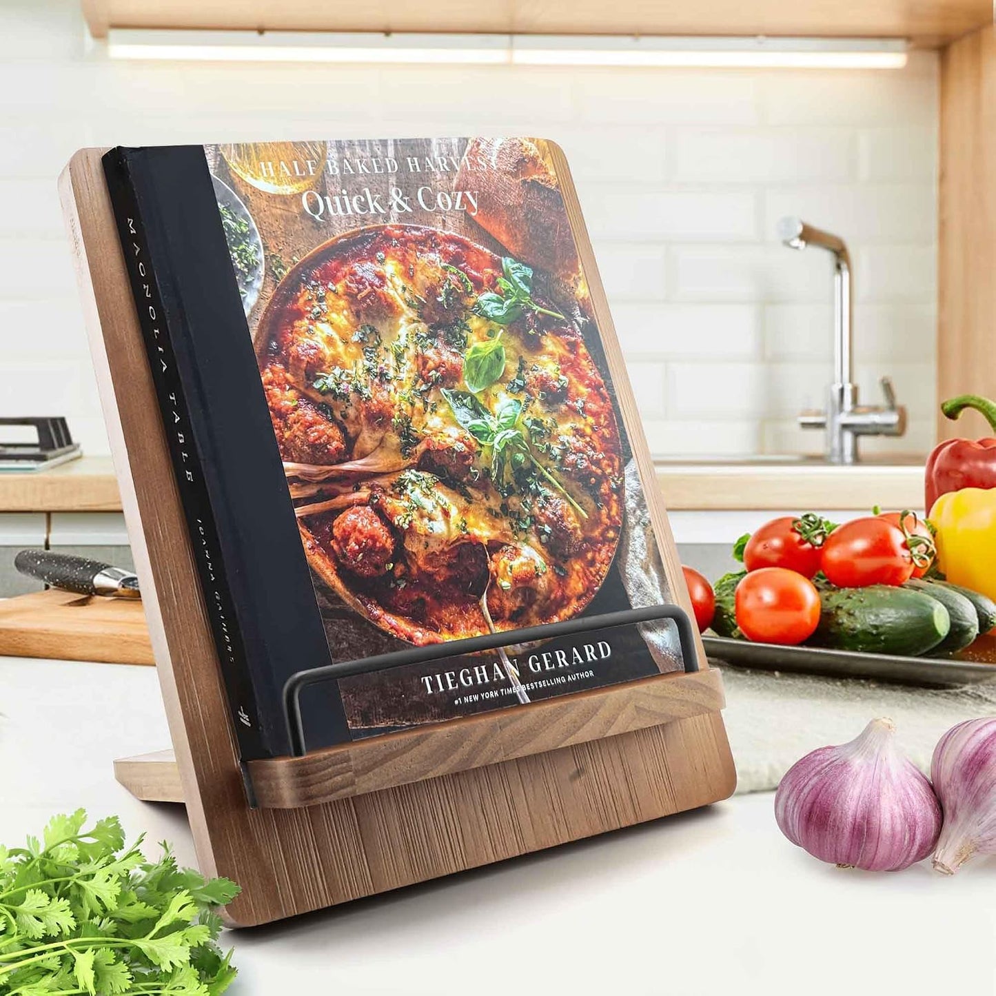 Brown Solid Wood Cookbook Stand: for Kitchen Counter Recipe Holder | Heavy-Duty Wood Cook Book Stand Holds 2" Thick