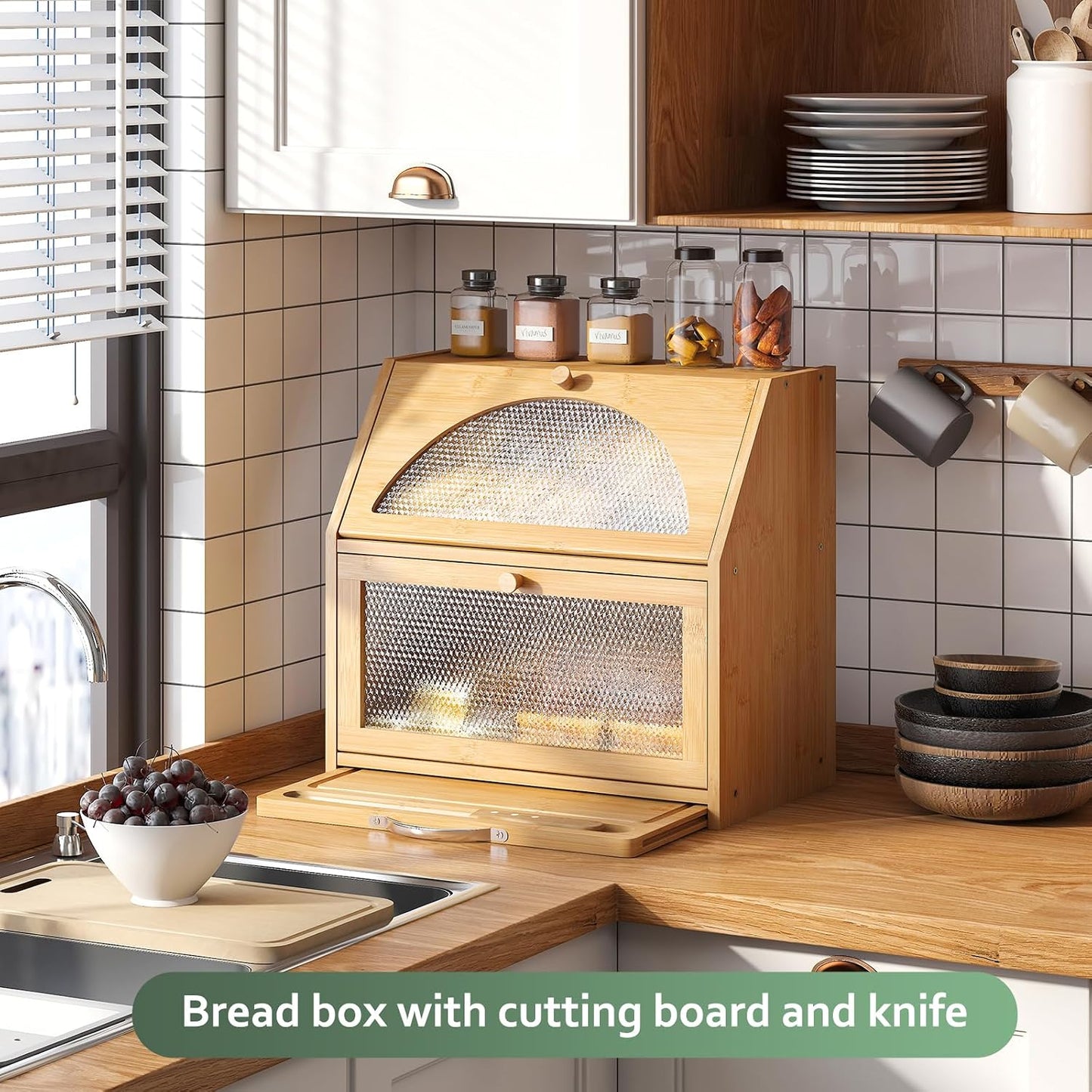 STDDRE Double Layer Bamboo Corner Bread Box with Cutting Board(Natural) | Extra-large capacity. Double Layer Bread
